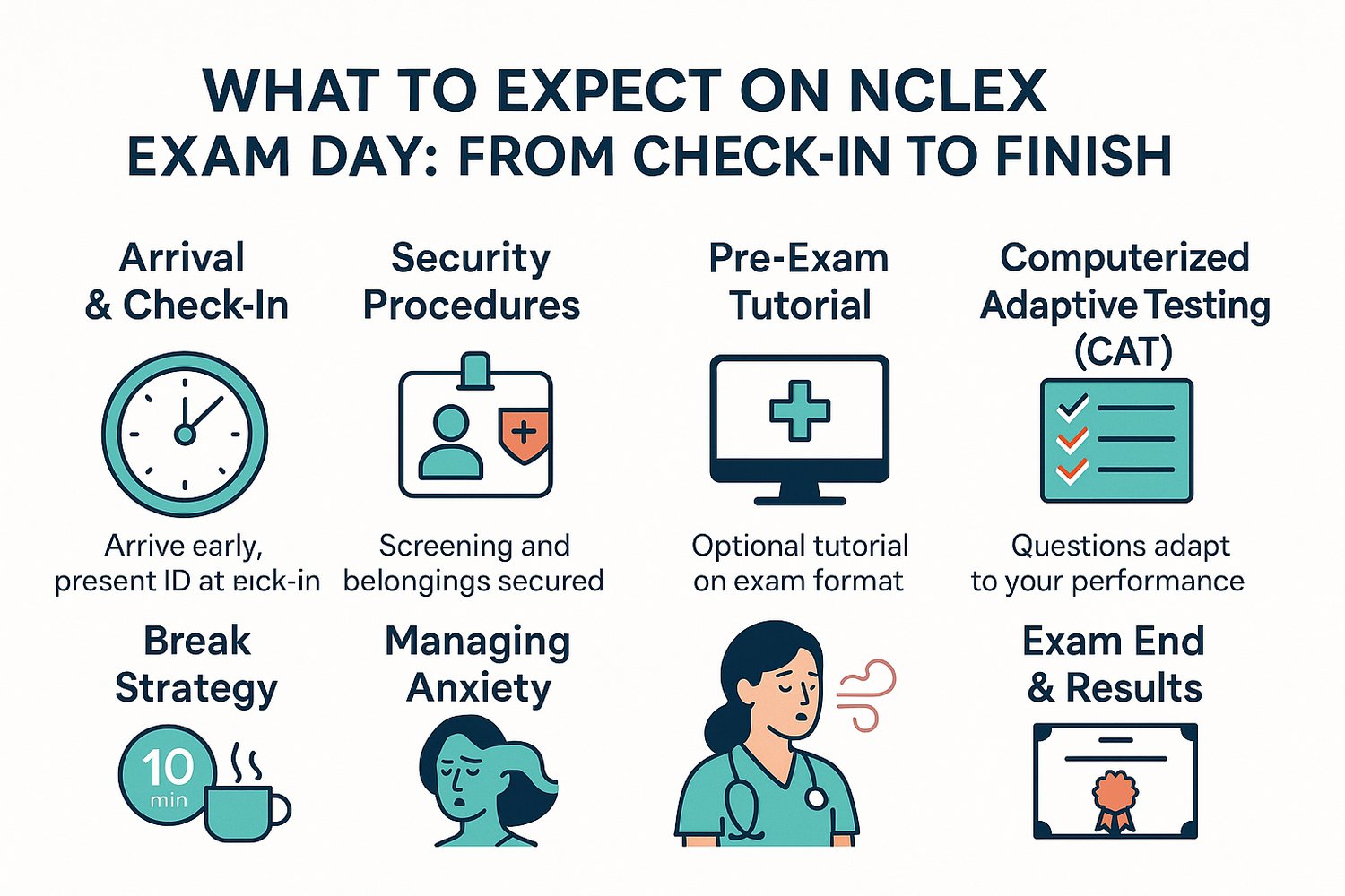 Horizontal infographic showing NCLEX exam day steps from arrival and security check to CAT format, breaks, anxiety management, and receiving results, with clean nursing icons and labeled sections.