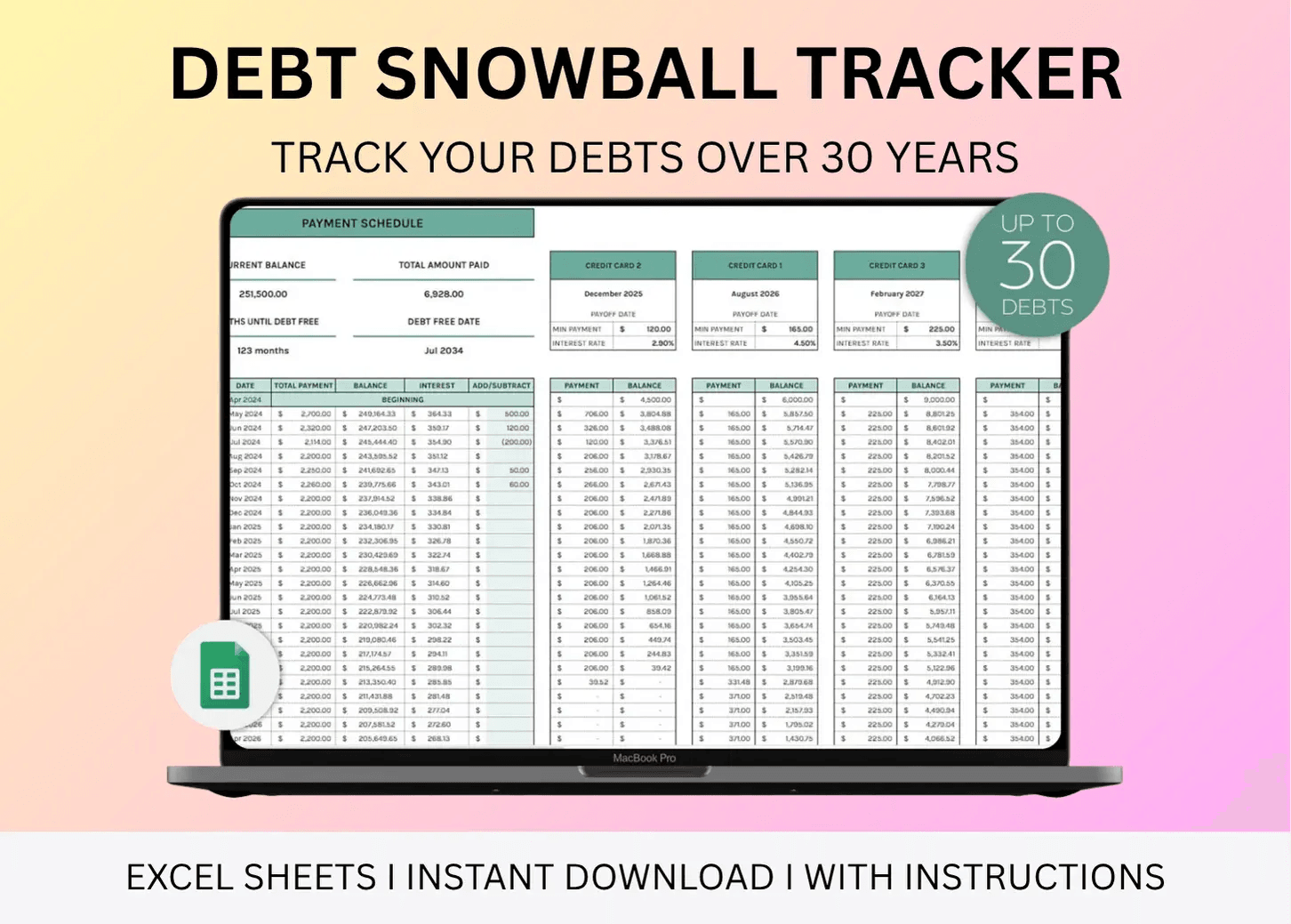 Snowball Debt Tracker Spreadsheet in Google Sheets – Debt payoff calculator with payment log, schedule, dashboard, and visual charts