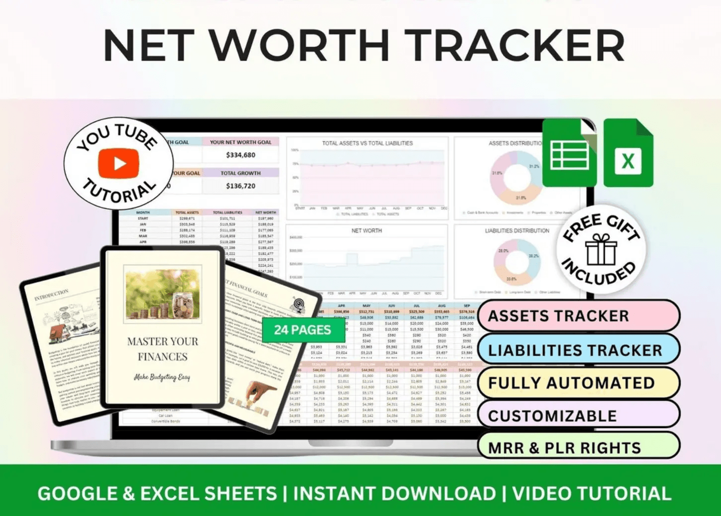 Net Worth Tracker Spreadsheet – Google Sheets and Excel Template to calculate assets, liabilities, and total wealth with auto dashboard