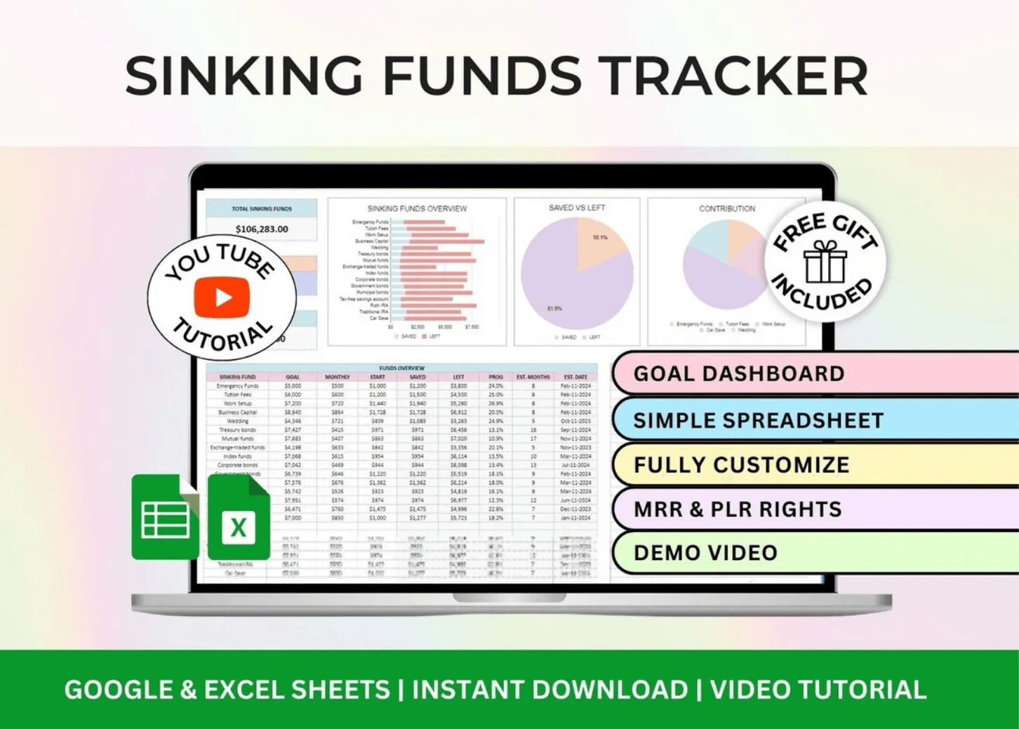 Sinking Funds Tracker Spreadsheet – Google Sheets and Excel savings template for budgeting and tracking up to 40 financial goals
