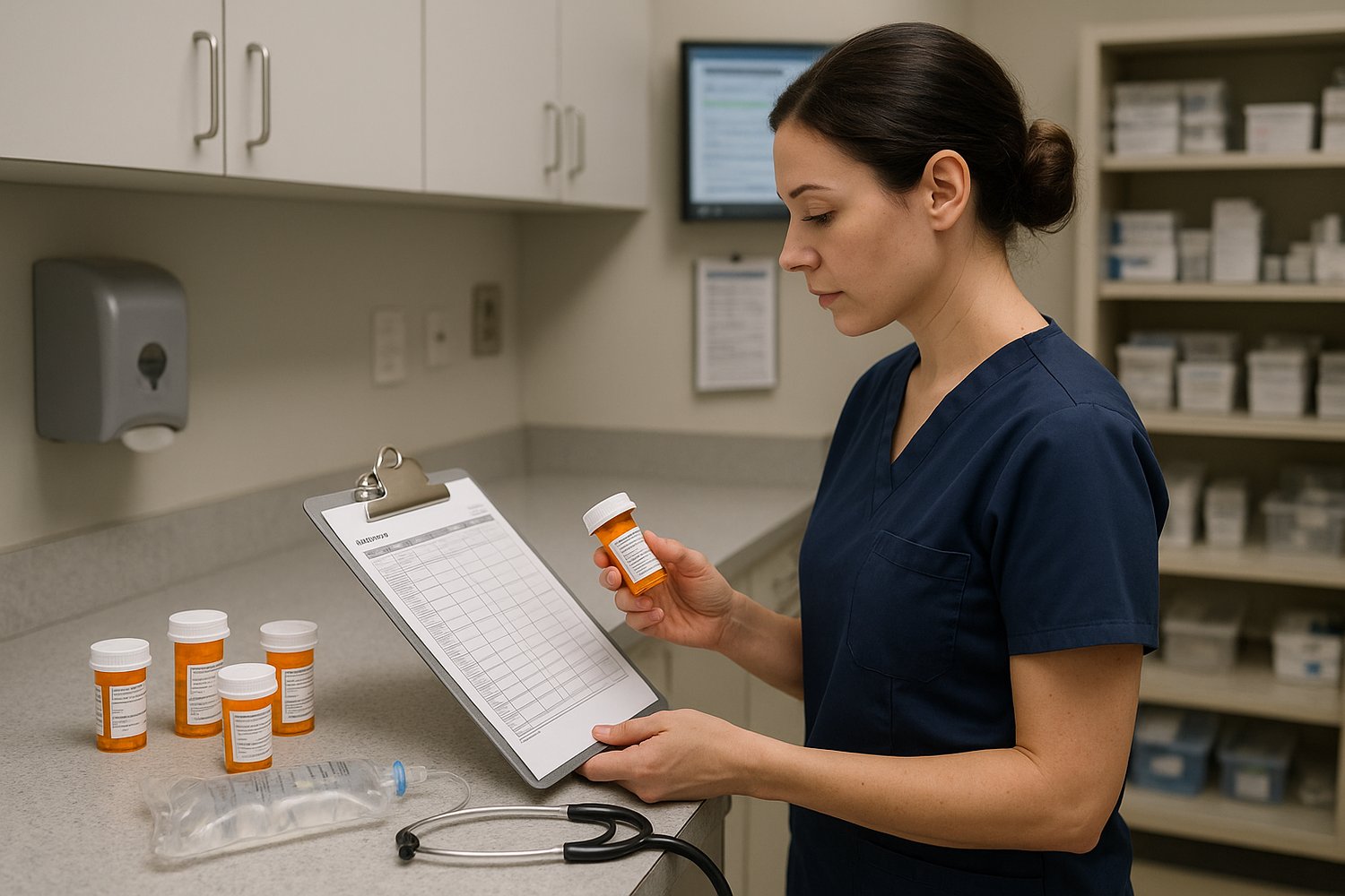 A hospital nurse verifies a medication order in a clinical setting, ensuring safe administration.