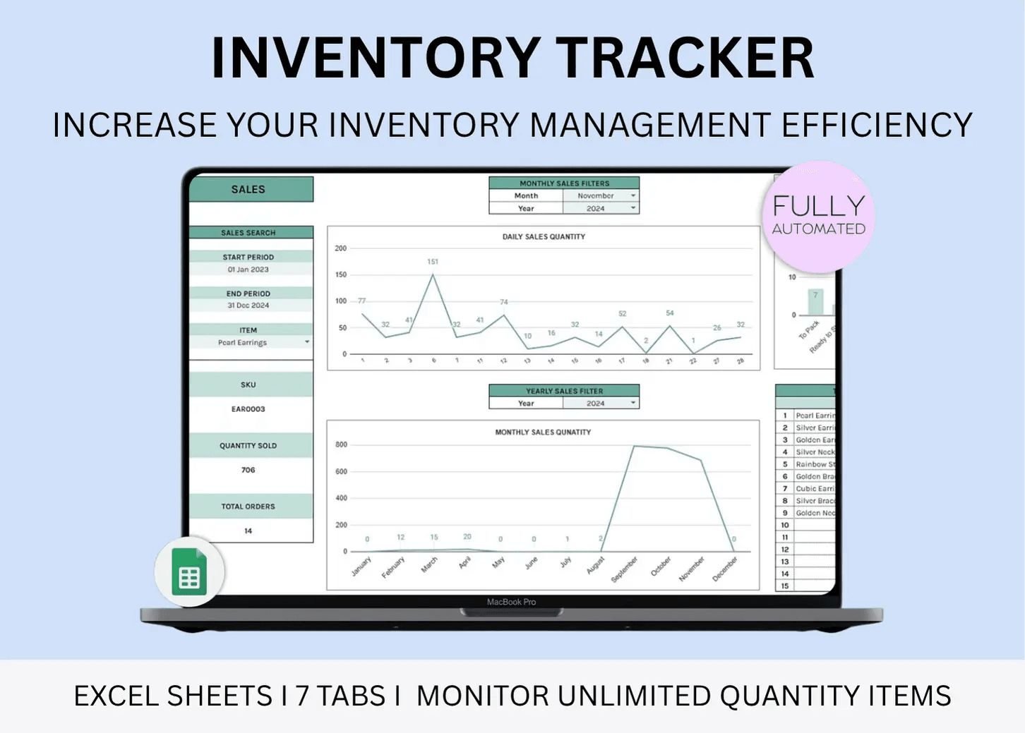 Inventory Tracker Google Sheets Template – stock management spreadsheet with purchases log, sales tracking, supplier database, and automated BOM updates