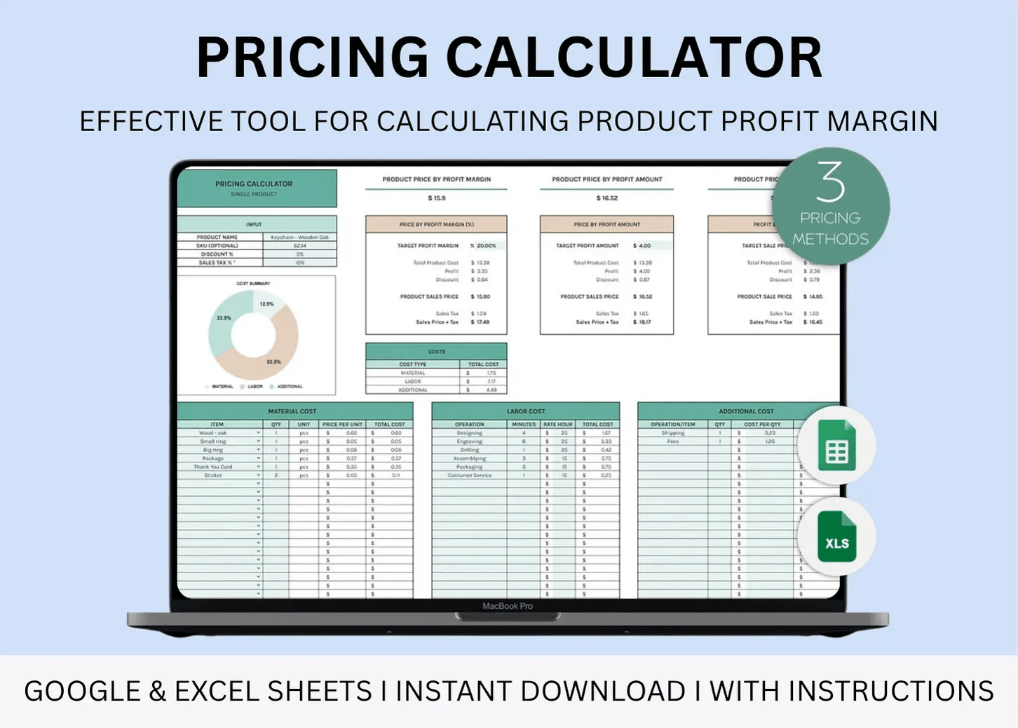 Product Pricing Calculator Spreadsheet – Excel and Google Sheets template for small business owners to calculate product prices using profit margin, profit amount, or set sales price