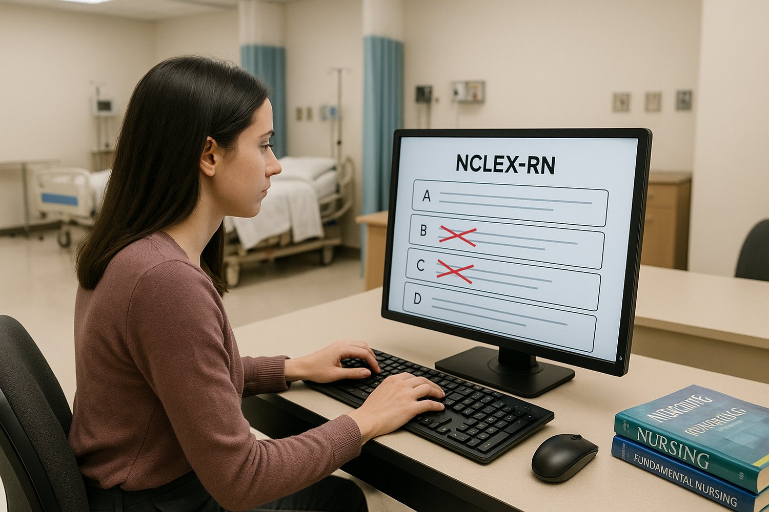 A nursing student in a computer testing center uses the elimination method on the NCLEX-RN, crossing out unsafe answer choices on screen.