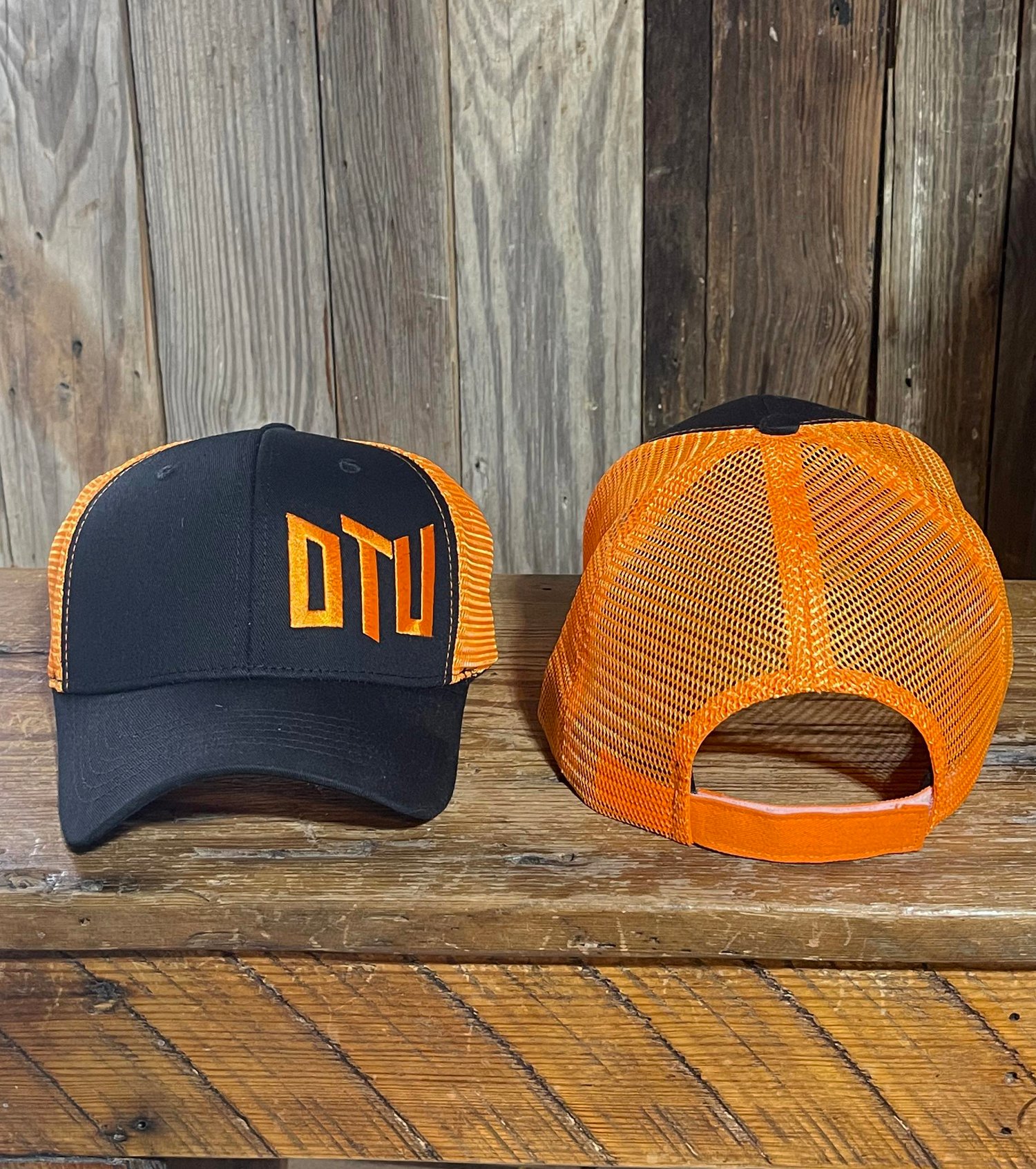 Orange-and-Black Twill Velcro Trucker Hat with “DTU” Logo
