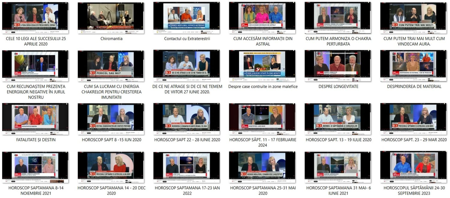 Colaj cu apariții TV și radio ale lui Eugen Mirtz, în emisiuni naționale și online, pe teme de spiritualitate, astrologie, parapsihologie, dezvoltare personală și horoscop, difuzate între 2020–2024 pe B1 TV, TVR, Antena Stars, TV6 și alte canale.