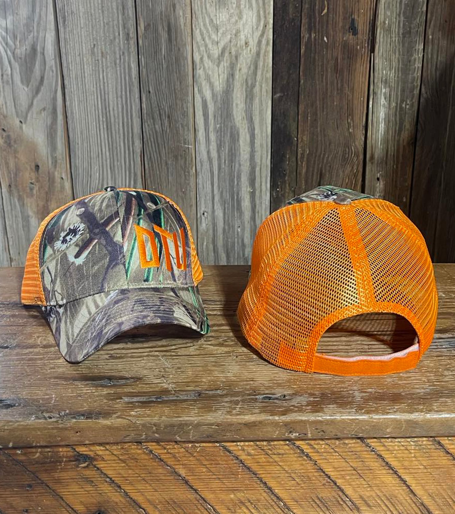 Camo-and-Orange Twill Velcro Trucker Hat with “DTU” Logo