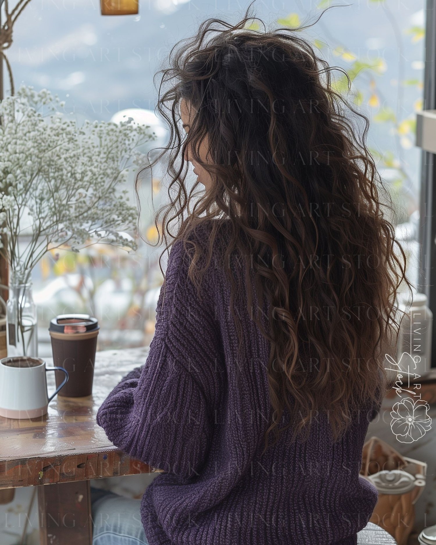Faceless content: Woman wearing purple eggplant knit sweater in a cafe