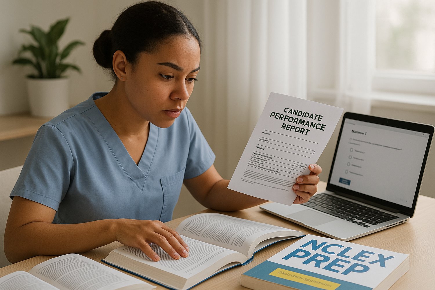 Nursing student reviewing NCLEX Candidate Performance Report with study materials on desk.