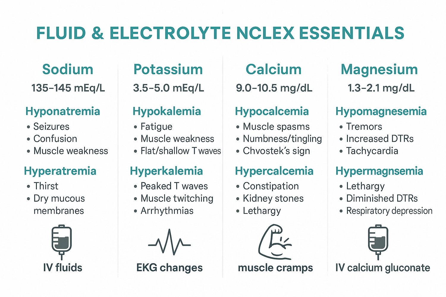 Educational infographic summarizing key NCLEX fluid and electrolyte imbalances with symptoms, ranges, and treatments.