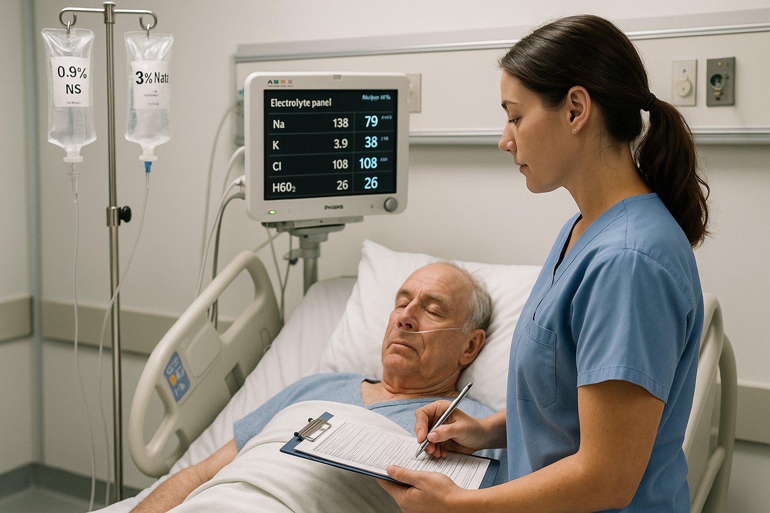 A nurse in a hospital room reviewing electrolyte lab results on a monitor with IV fluids prepared for administration.
