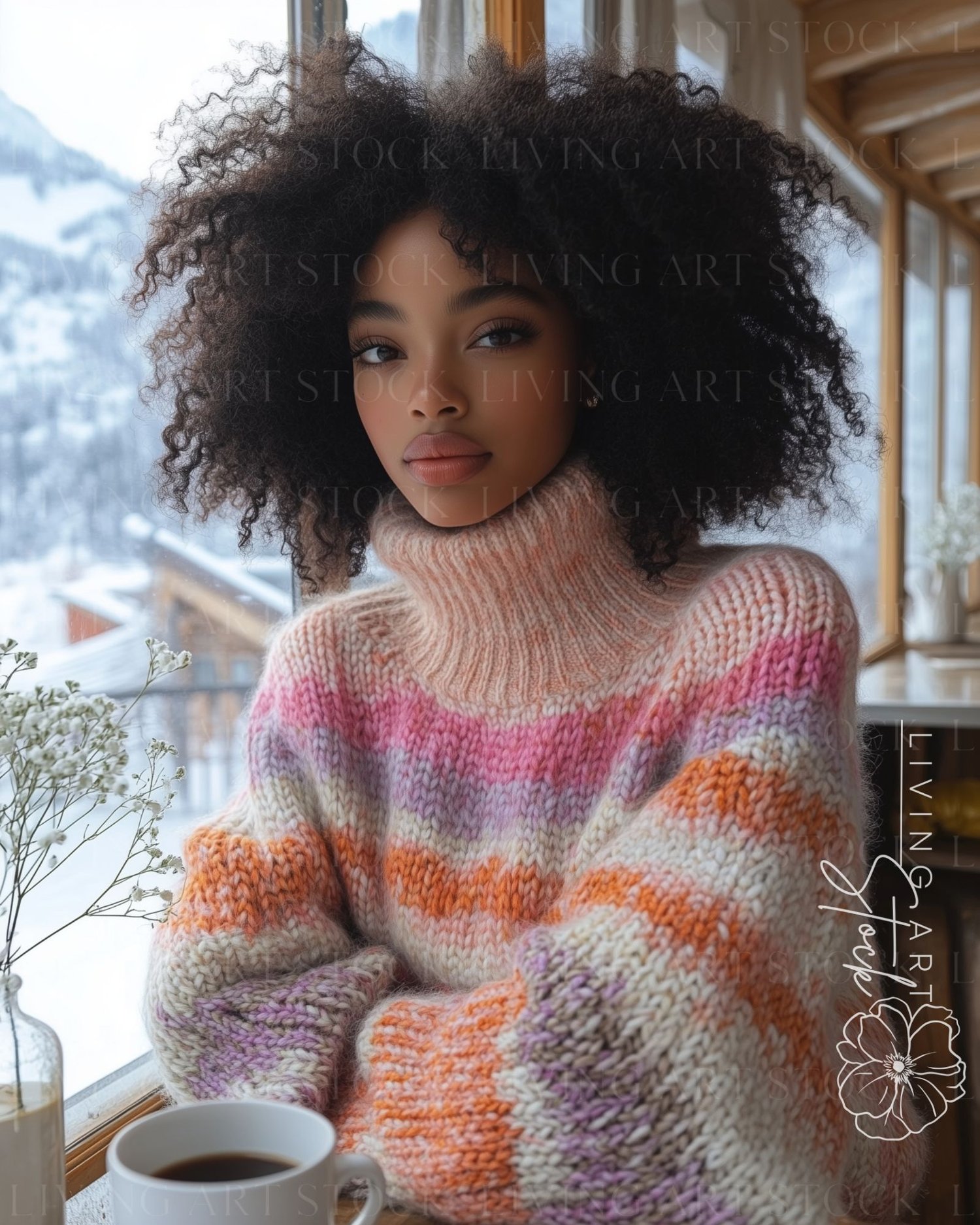 Black woman wearing pastel sweater with winter mountain view, stock photo