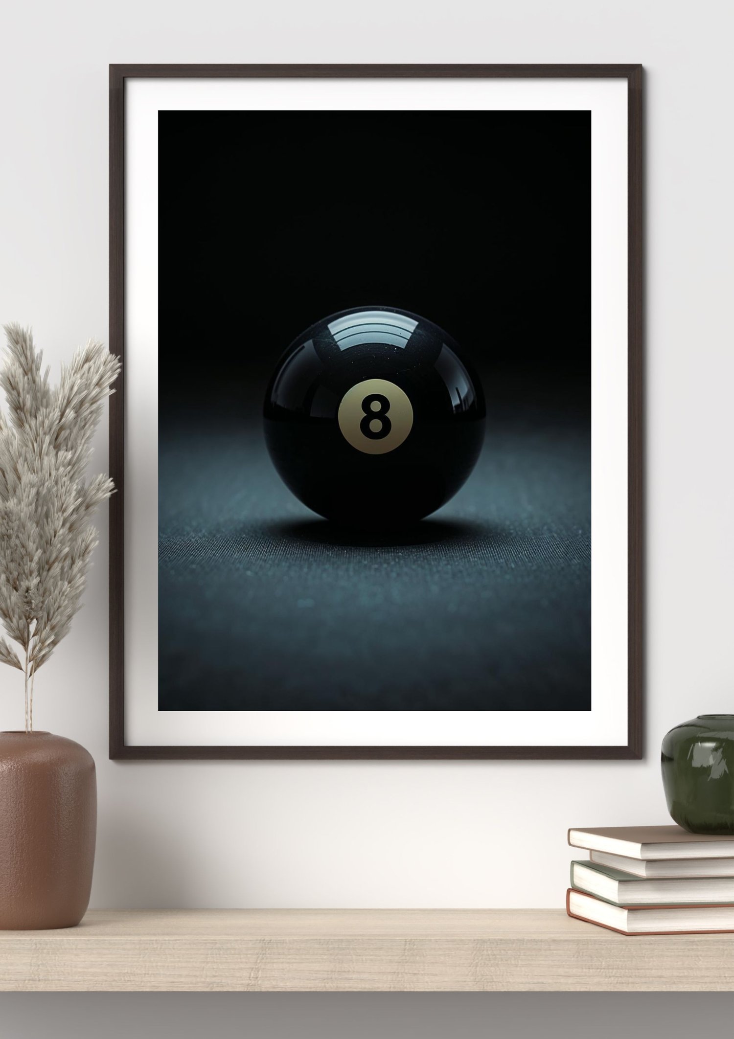 Close-up of a shiny black 8 ball on a dark surface, perfect decorative lucky 8 ball wall art for game room decor.