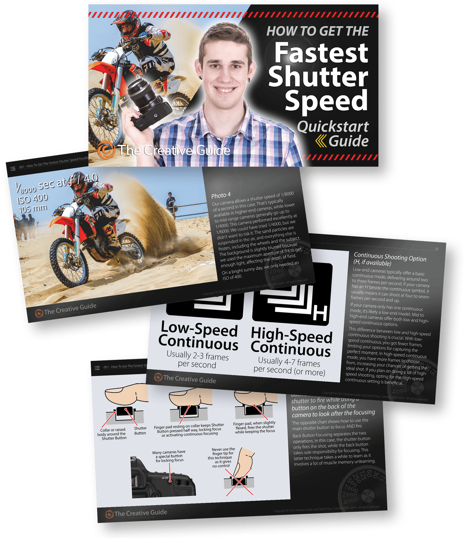 Collage of pages from How to Get The Fastest Shutter Speed, the digital guide provided with The Creative Guide’s Fastest Shutter Speed course. The cover shows a motorcyclist in motion with camera dial detail and the tagline “for whatever level of light you are in.” Sample pages include a motocross rider image with visible camera settings (1/800 sec, f/4.0, ISO 400, 105 mm), diagrams demonstrating correct shutter button techniques, and guidance on low-speed and high-speed continuous shooting modes to help photographers capture sharp action shots.