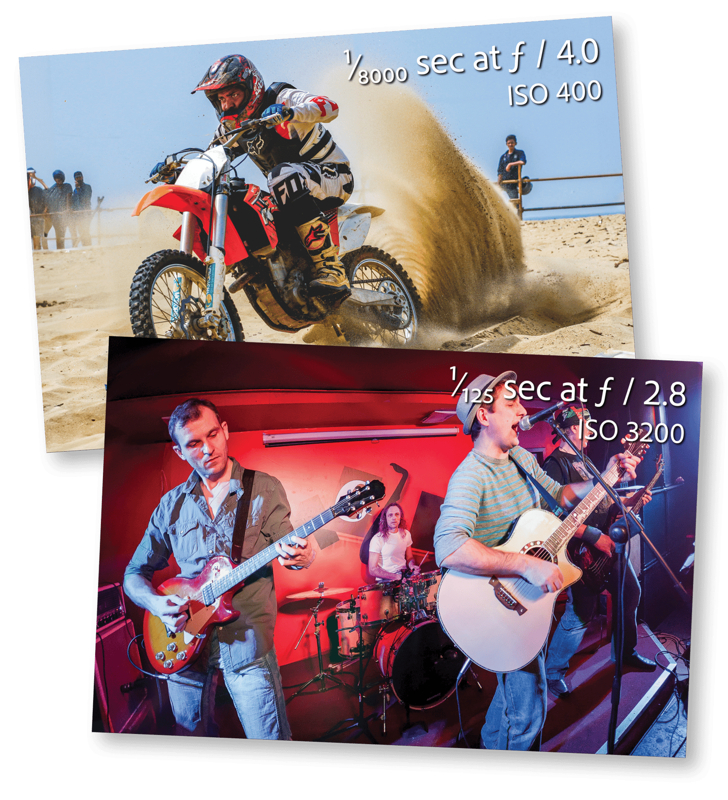 Side-by-side photography examples from the Fastest Shutter Speed training course, showing how 1/8000 sec, f/4, ISO 400 freezes fast motion, and 1/125 sec, f/2.8, ISO 3200 creates controlled motion blur in low light.