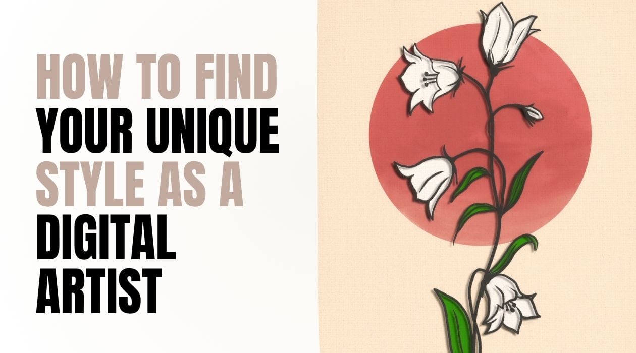 The digital illustration on the right depicts white botanical plants amidst a red sun and a cream-colored background.