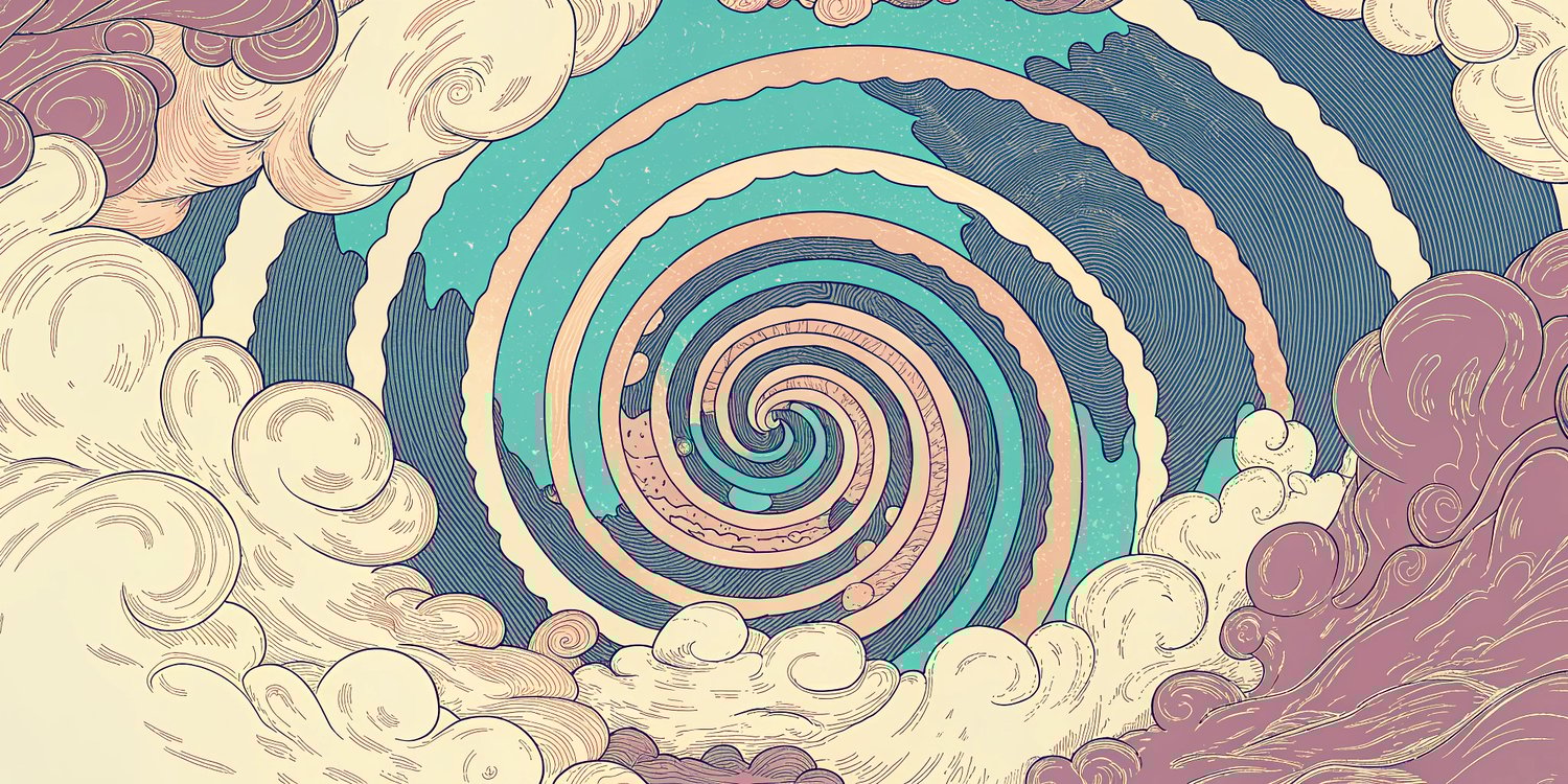 A surreal, moody illustration of a hurricane swirling above Earth, its spiral clouds subtly hiding faint ghost-like outlines of the Twin Towers. The spiral is overlaid with a symbolic time loop, suggesting history repeating itself. The color palette of soft blues, grays, and whites evokes a contemplative, spiritual mood with an undercurrent of foreboding.