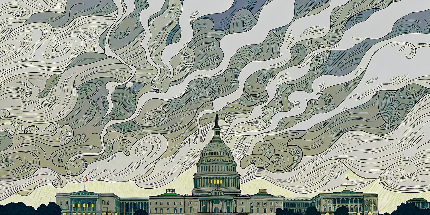 An abstract, painterly depiction of Washington D.C. with the U.S. Capitol in the background, partially obscured by swirling shadows. A dark, ethereal force descends from the sky in the form of spectral fog or tendrils. The city glows faintly below, but the tone is ominous—suggesting unseen forces gripping the capital. High contrast between artificial light and encroaching darkness creates a symbolic, emotional scene.