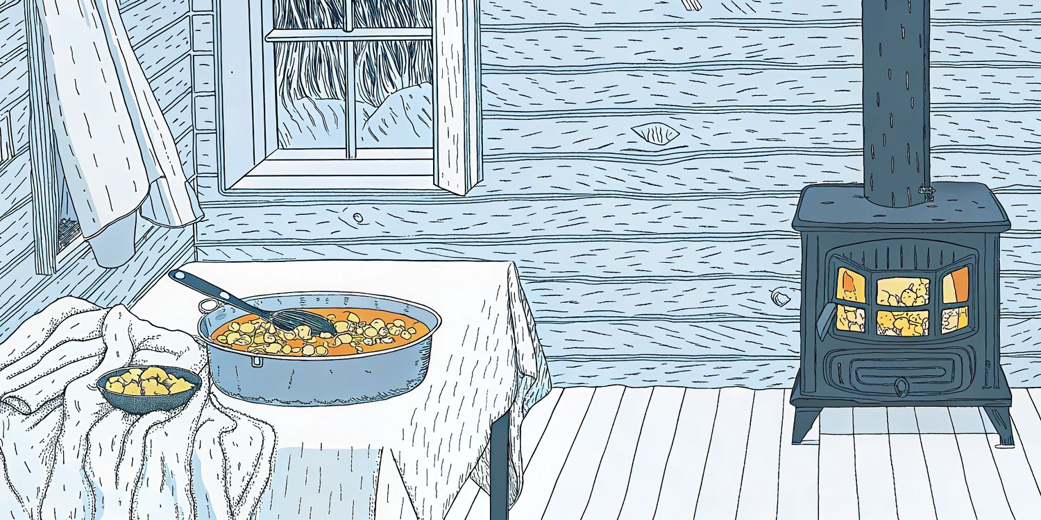 A warm, nostalgic painting of a modest kitchen with a wood-burning stove and a large pot simmering on it. Sunlight filters through a small window, casting amber light on a worn wooden table. A tattered cloth or flag rests nearby, signaling safety to strangers. Weathered hands—belonging to a grandmother—ladle soup into a bowl for an unseen, weary traveler. Earthy tones of red, brown, and soft gold create a humble, human atmosphere of generosity.