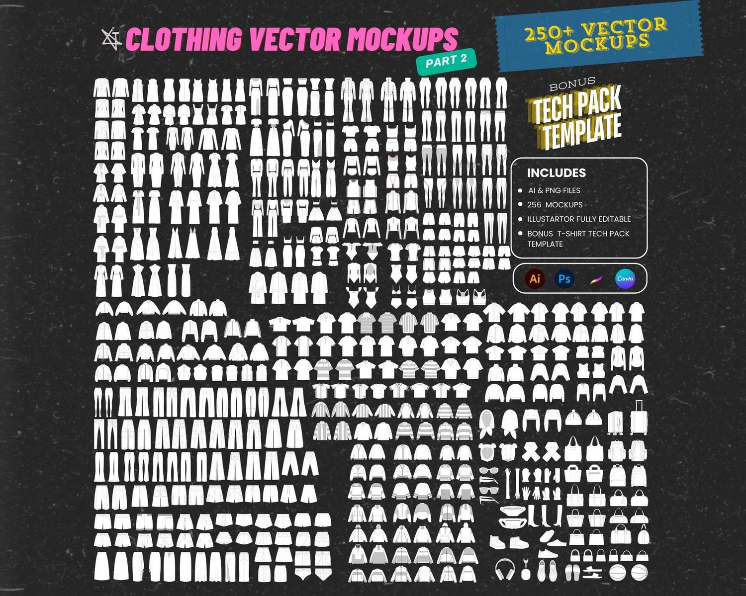 250 Streetwear Vector Mockup Pack FREE Tech Pack Template – Editable ...