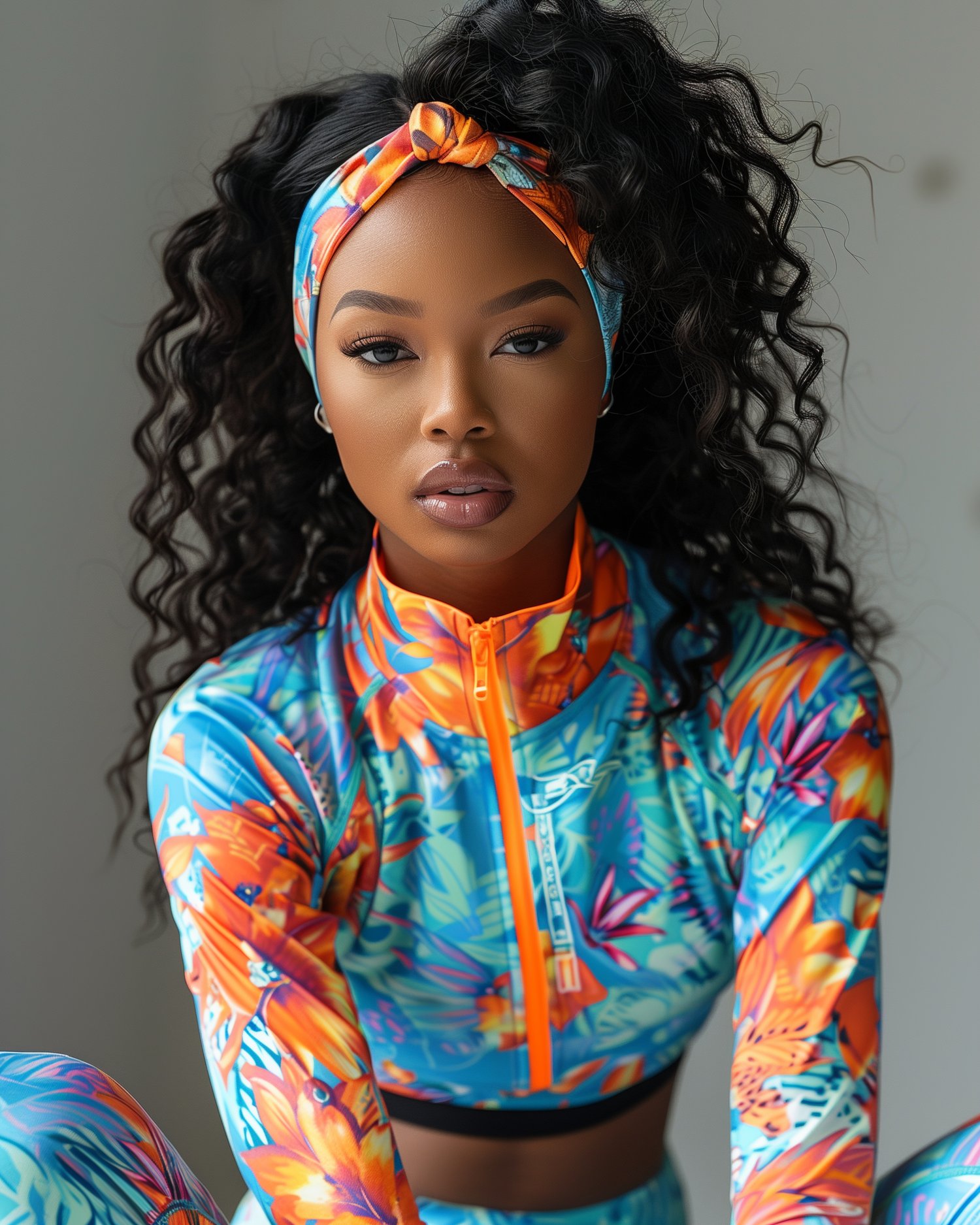 Black woman wearing colorful fitness apparel, stock photo