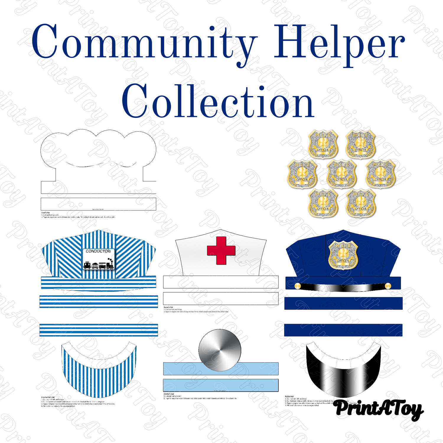 Collection of community helper themed paper hats for dramatic play centers.