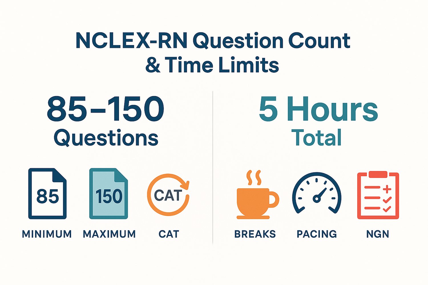 Infographic showing NCLEX-RN question range, timing, and adaptive testing rules for nursing students.