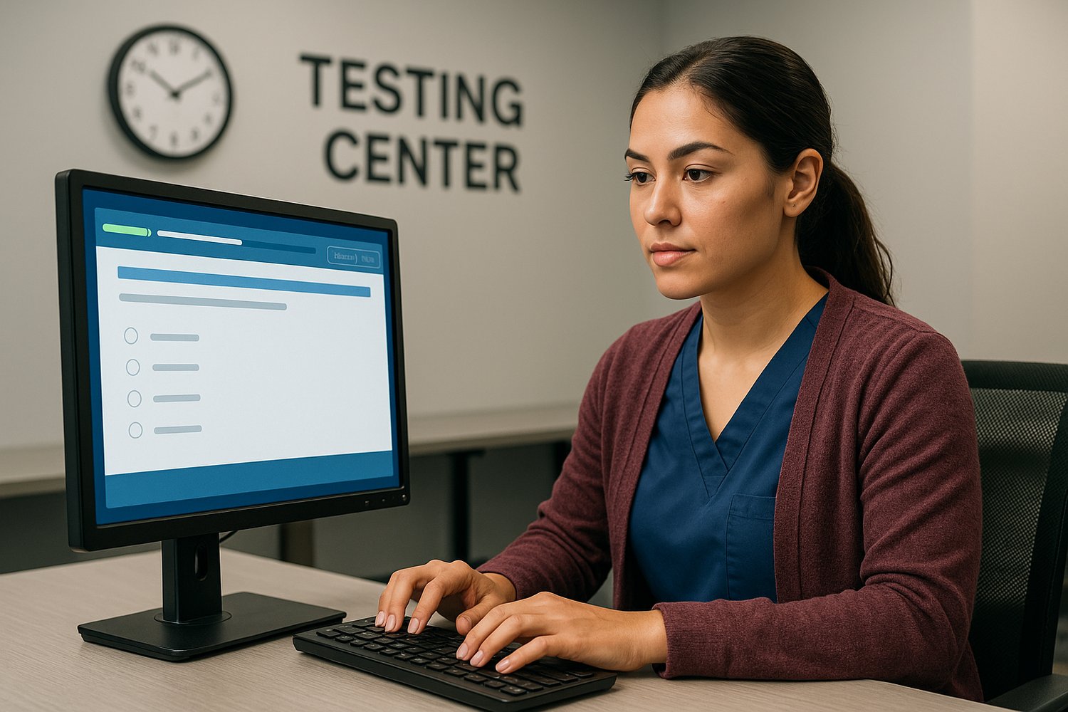 Nursing student at Pearson VUE testing center answering NCLEX-RN questions on a computer with clock in background.