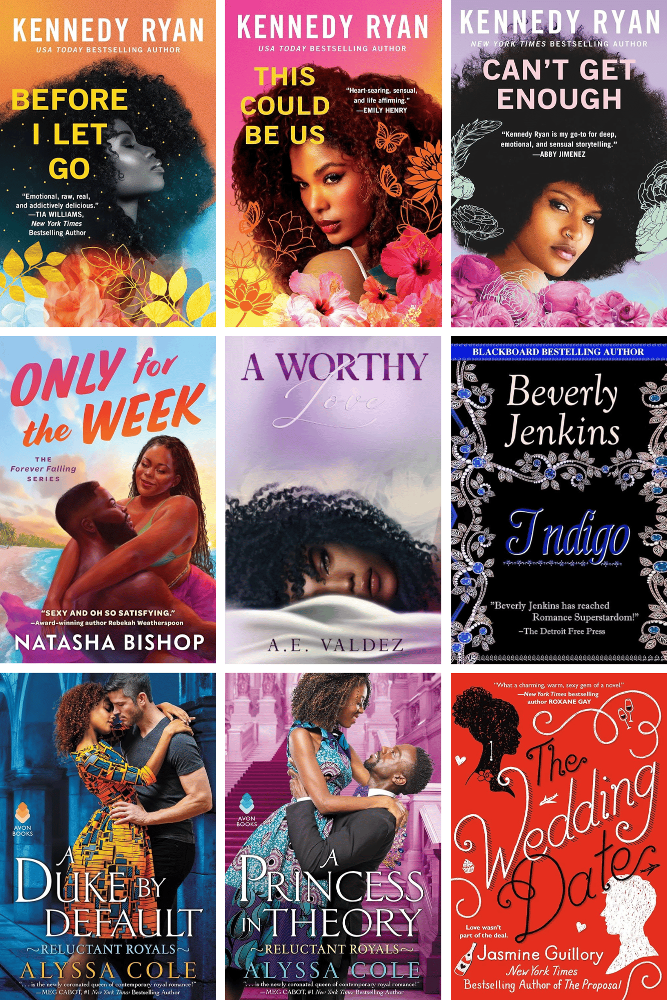 Collage of 10 African American romance book covers, including Before I Let Go, This Could Be Us, Can't Get Enough by Kennedy Ryan, The Wedding Date by Jasmine Guillory, Get a Life Chloe Brown by Talia Hibbert, Indigo by Beverly Jenkins, A Princess in Theo