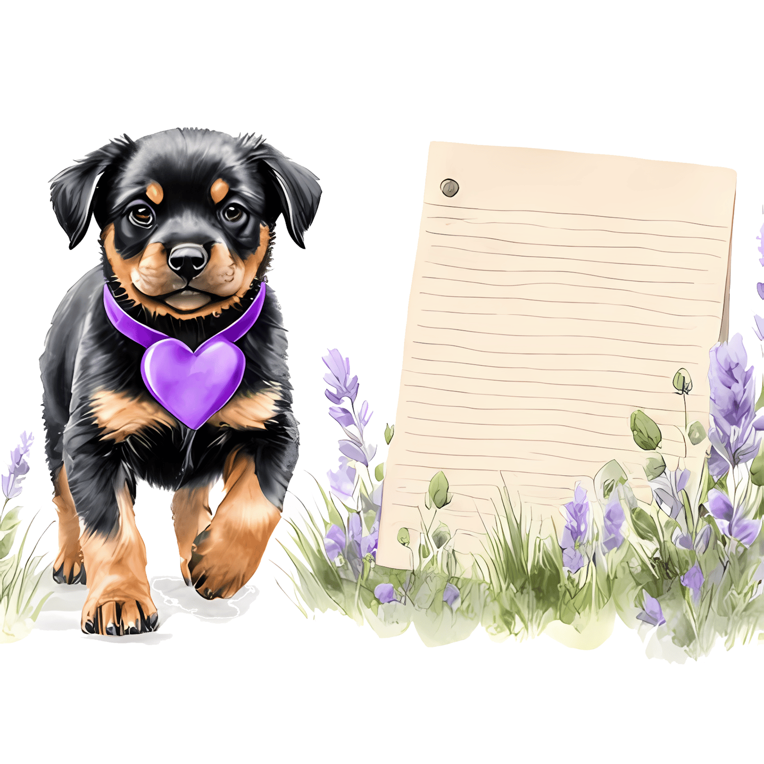 A journal page of a Rottweiler puppy and a notebook