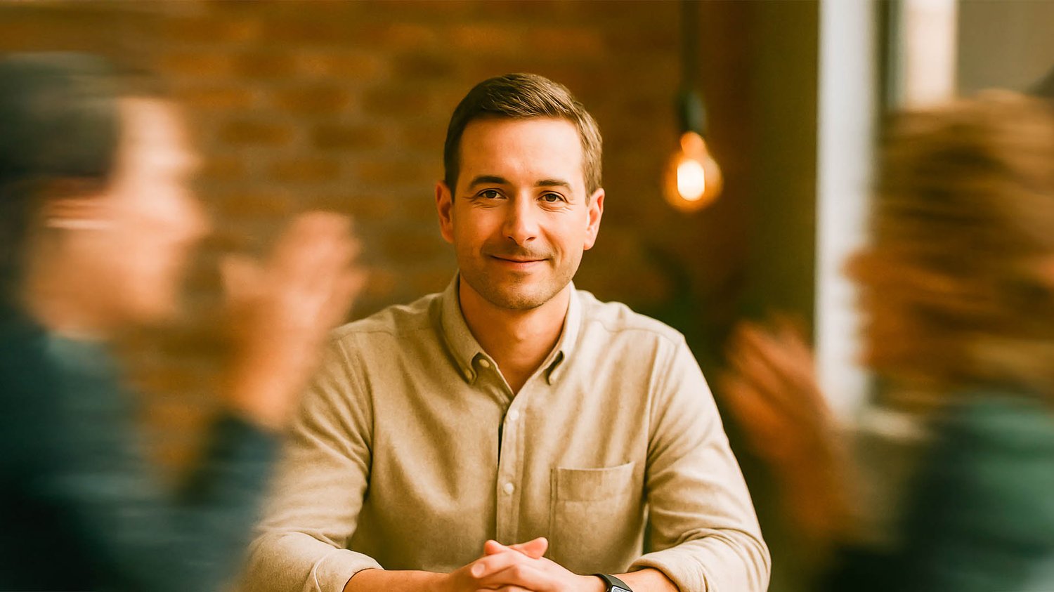 Smiling man sitting calmly at a table while two blurred figures talk around him, representing focus and active listening, for The Creative Guide Expressions Blog on emotional intelligence and communication.
