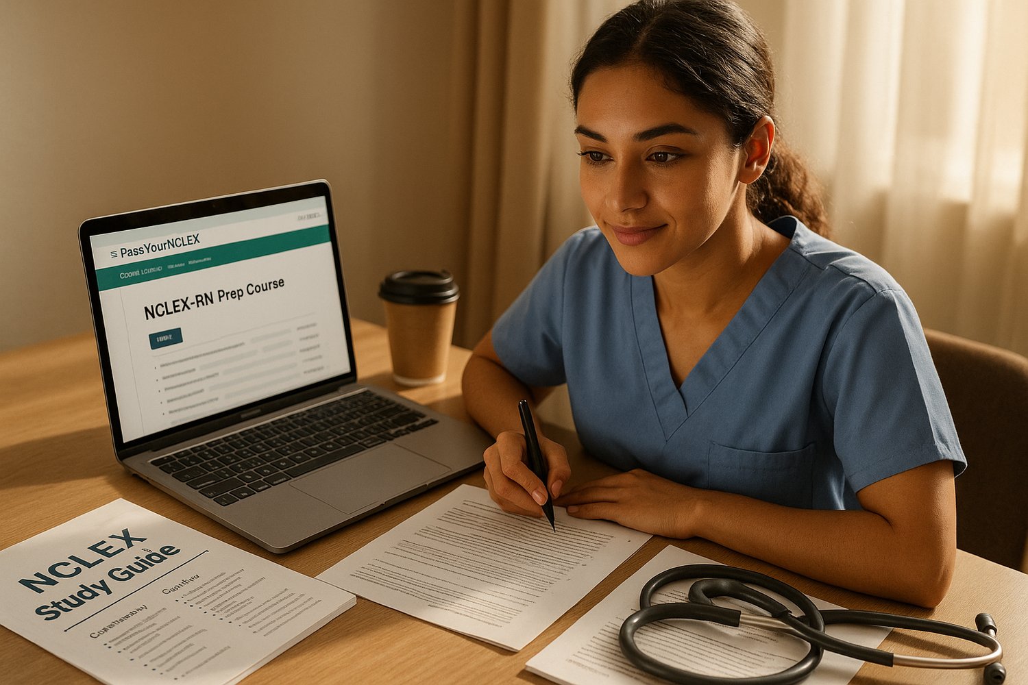 A nursing student using PassYourNCLEX online course alongside printed study guides, studying at a bright desk with medical tools nearby.