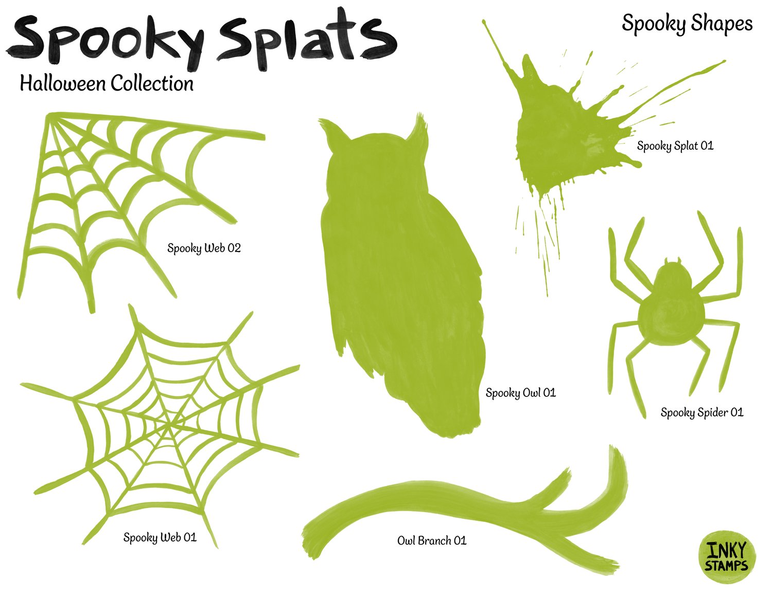 Spooky Splats - Halloween Collection. Spooky Shapes. Stamp shapes - Spider webs, spider, owl, owl branch and ink splat.