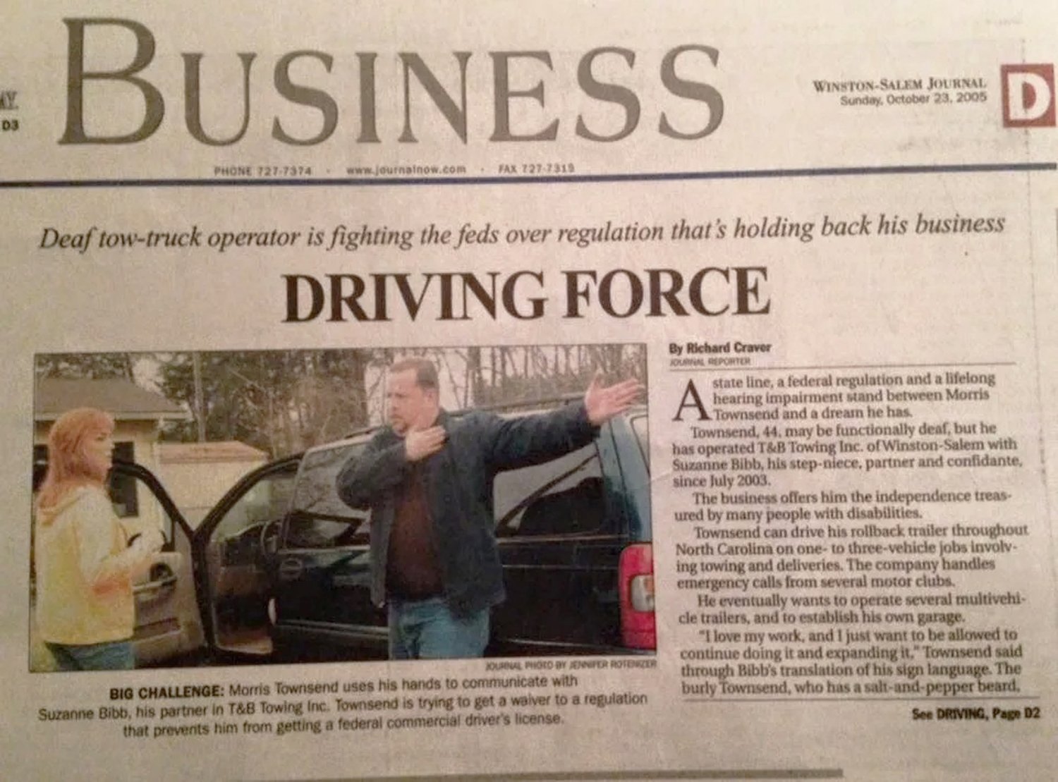 Morris Townsend Driving Force: Deaf tow-truck operator is fighting the feds over regulation