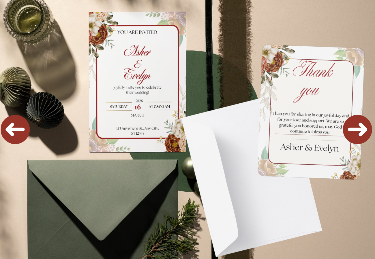 Elegant wedding invitation template with floral accents and modern typography, fully editable in canva, mockup perfectly.