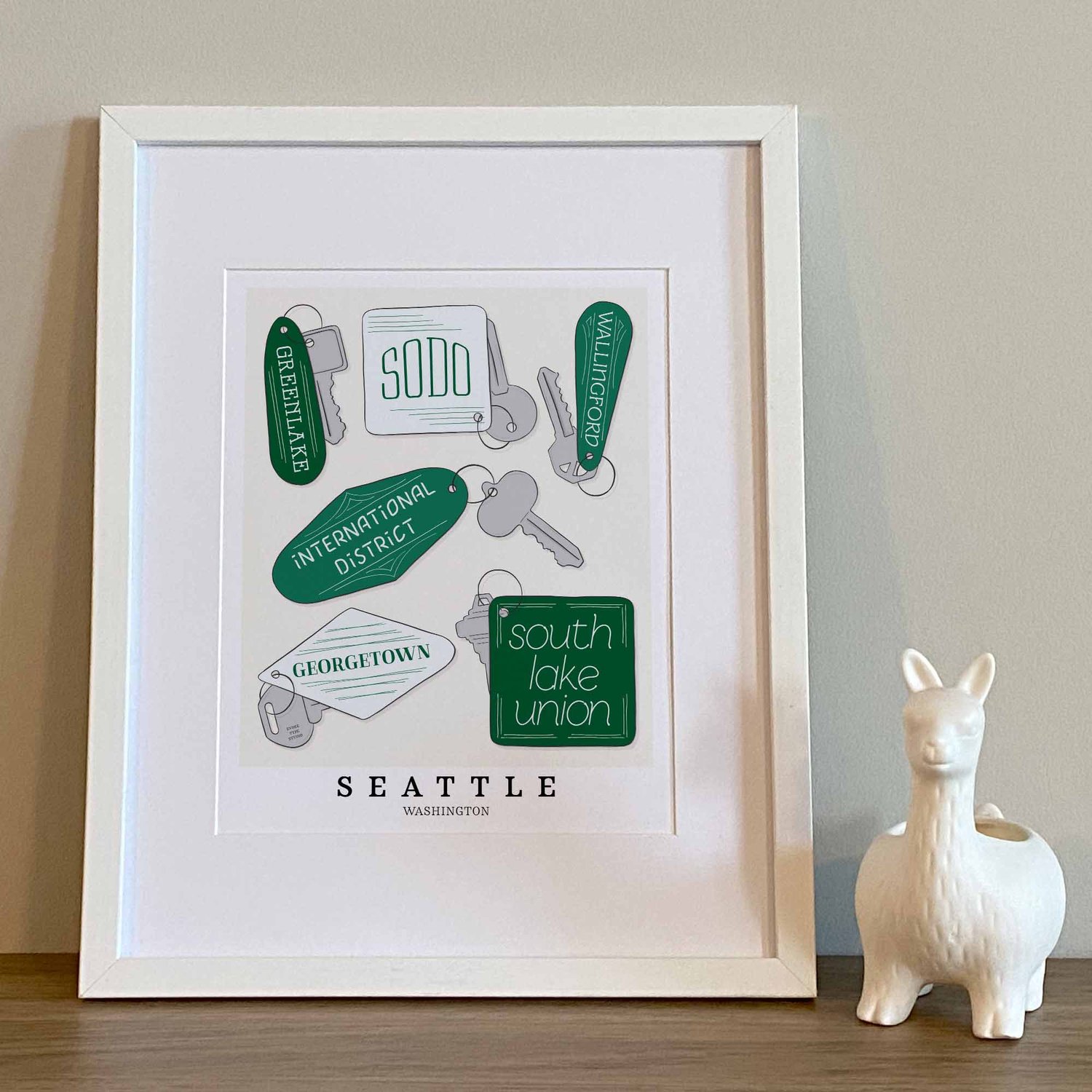 Seattle neighborhoods depicted in playful, hand-lettered key fobs in earthy green hues