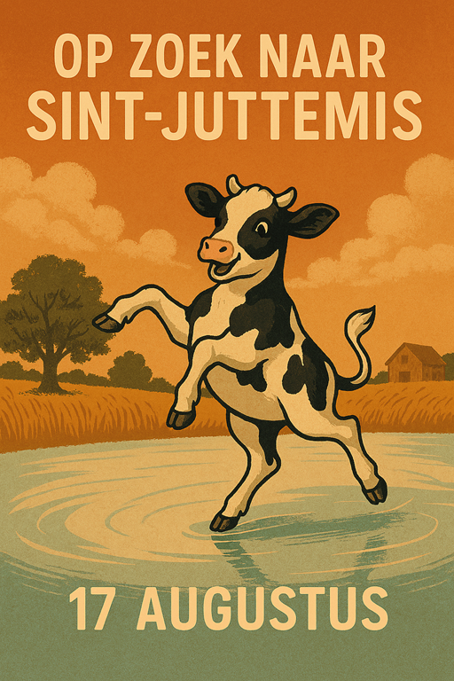 Een speelse en surrealistische banner met een vrolijk dansend kalf op een ijsvloer in augustus. Deze unieke illustratie verwijst naar de mythische dag van Sint-Juttemis en combineert zomerse landschappen met winterse absurditeit. Perfect voor blogs, campa