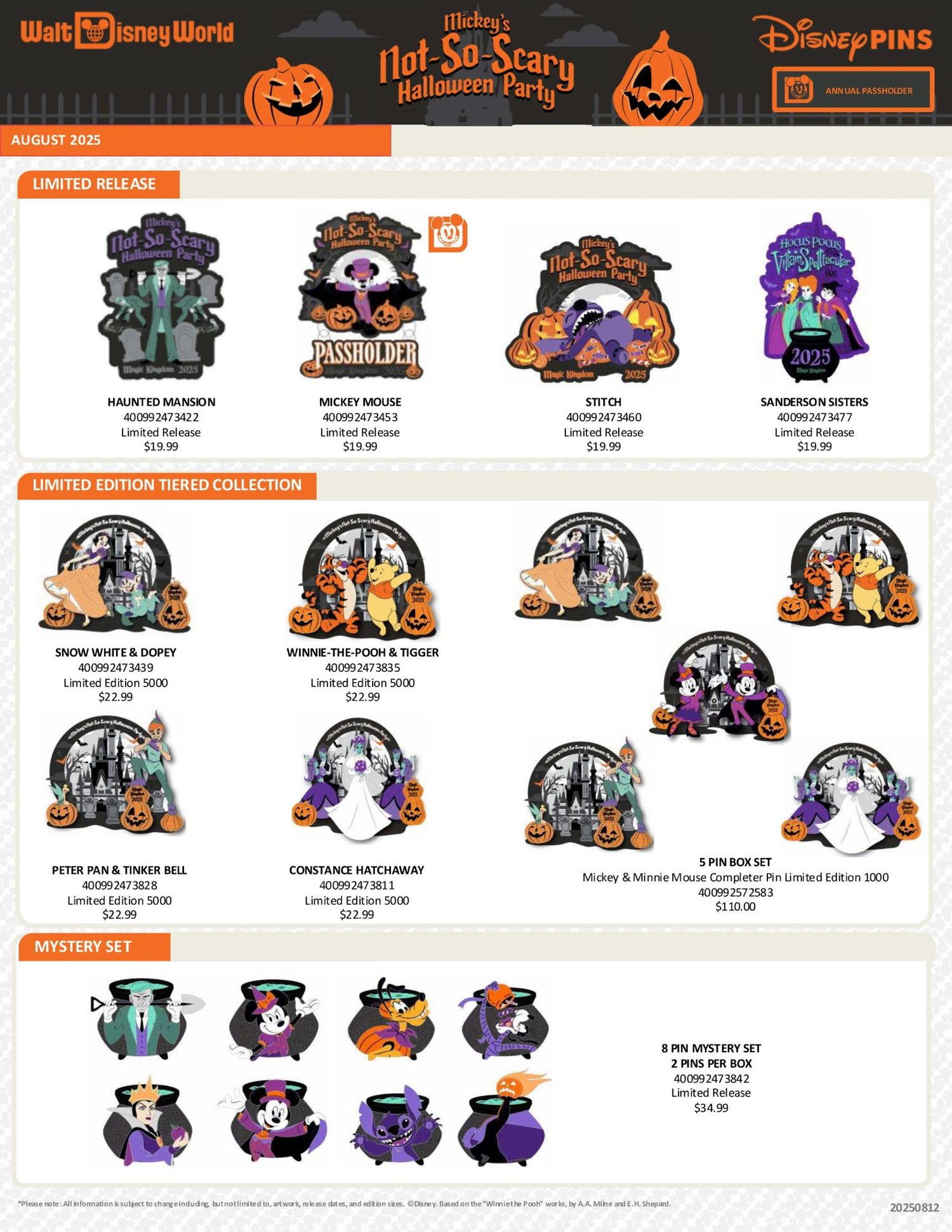 Mickey’s Not-So-Scary Halloween Party 2025 pin release sheet Walt Disney World