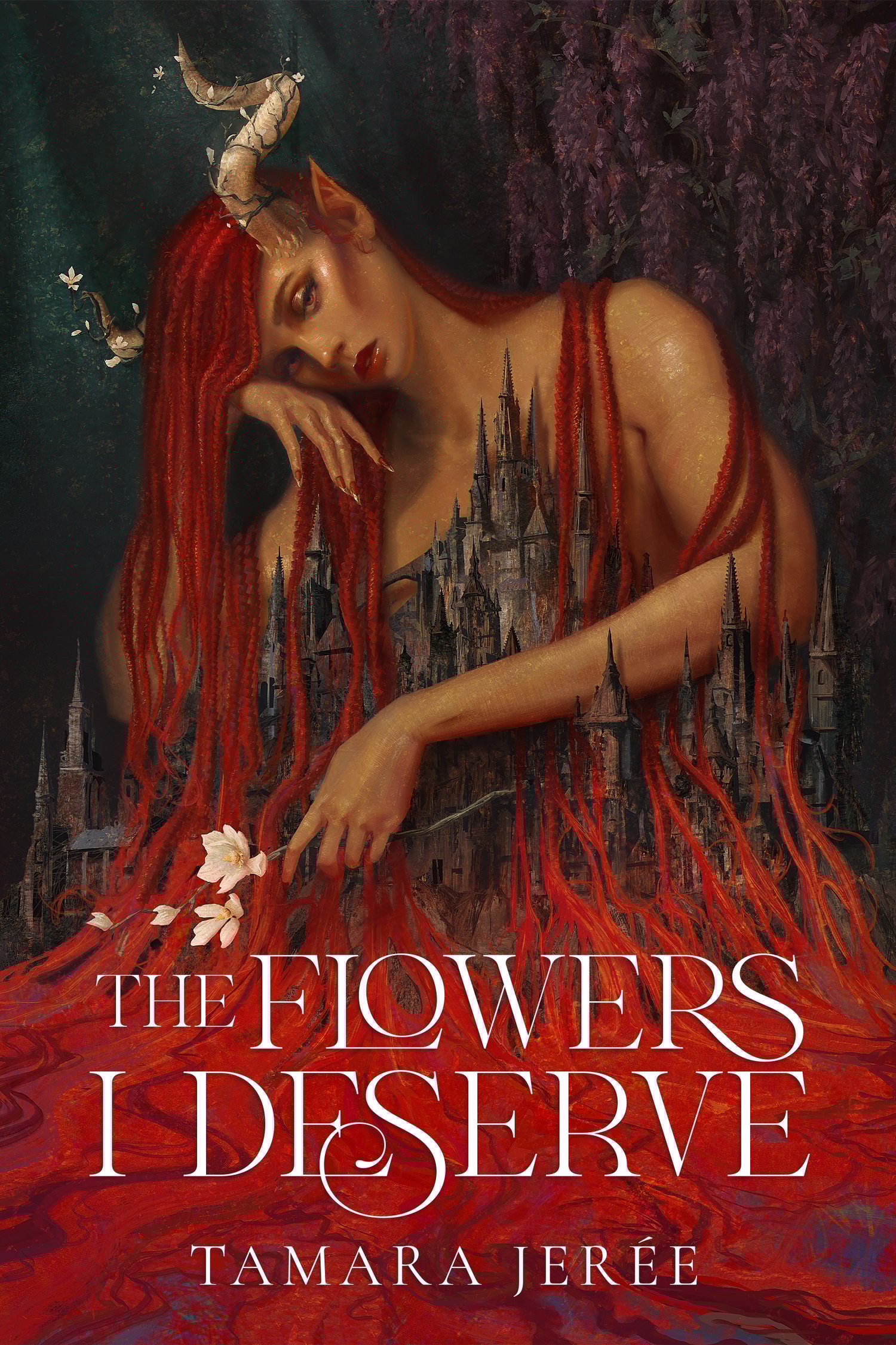 A gothic book cover illustrated by Elaine Ho with typography by Cass at Opulent Designs. A regal Black woman gazes at the viewer. She is larger than life, towering head and shoulders above a dark castle. Her white horns are twined with flowering vines, an