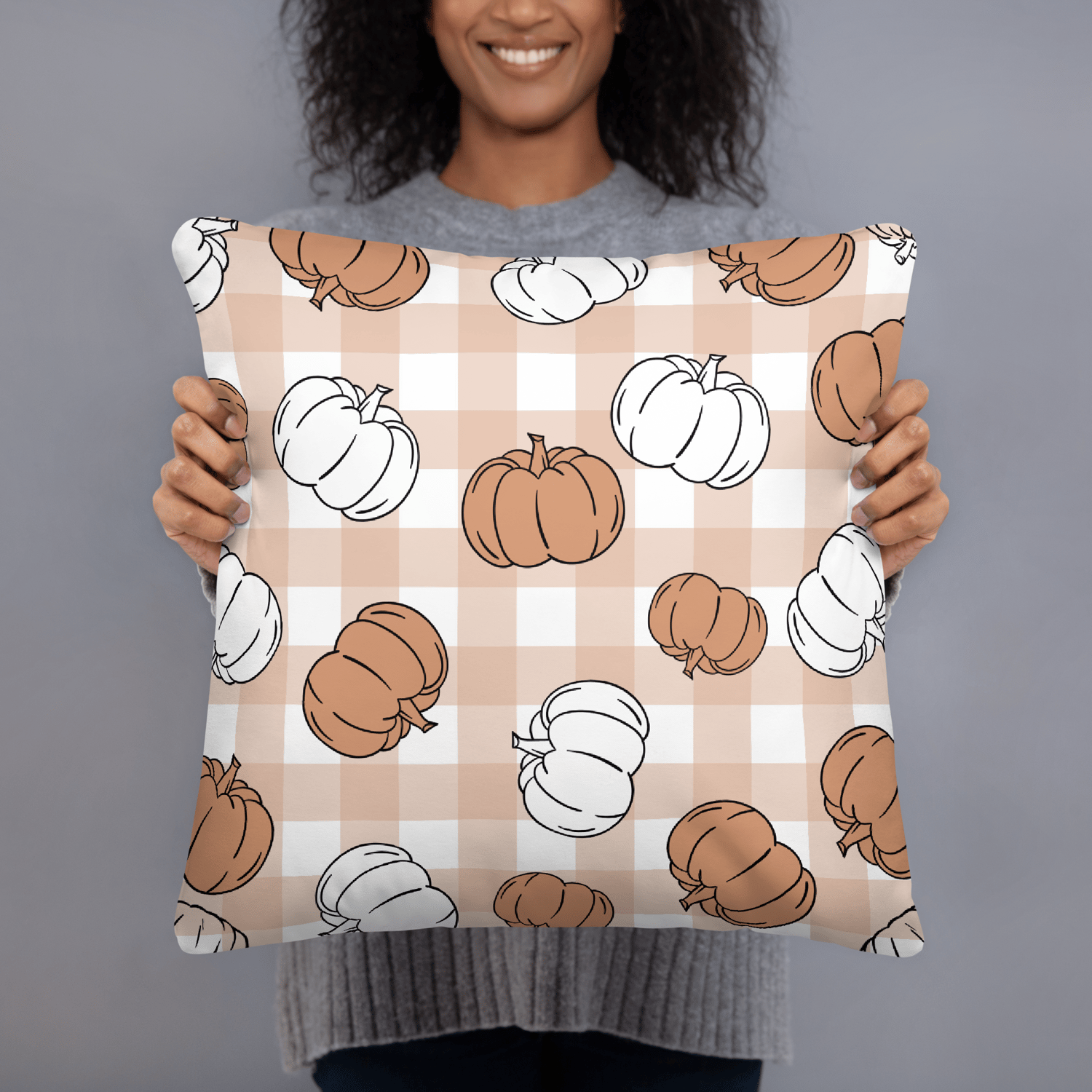 Light plaid throw pillow with repeating pumpkin pattern, ideal for cozy fall and farmhouse decor. Fall house gift. Fall decor pillow, cushions