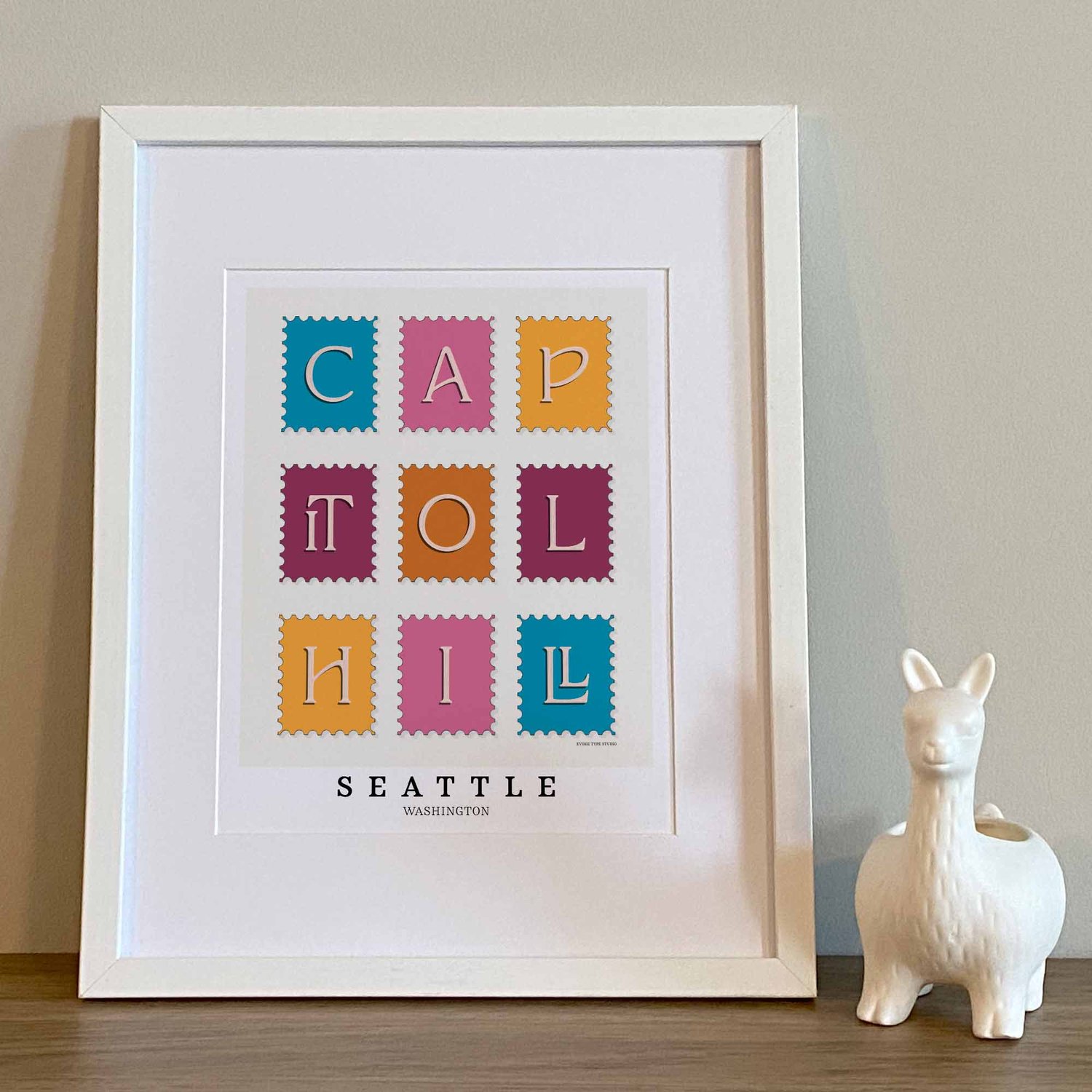 Colorful, hand-lettered Capitol Hill postage stamp art print with expressive typography
