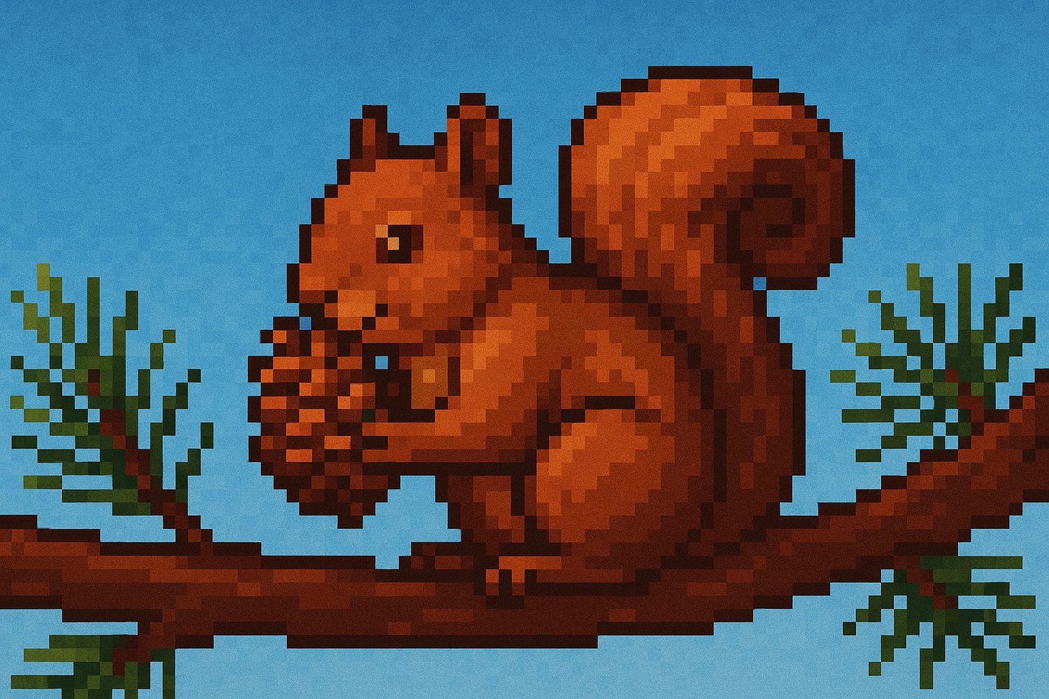 AI-generated pixel art image of Wilbur the squirrel holding and eating a pine cone, sitting on the mossy branch of a pine tree in front of sky with a blue gradient.