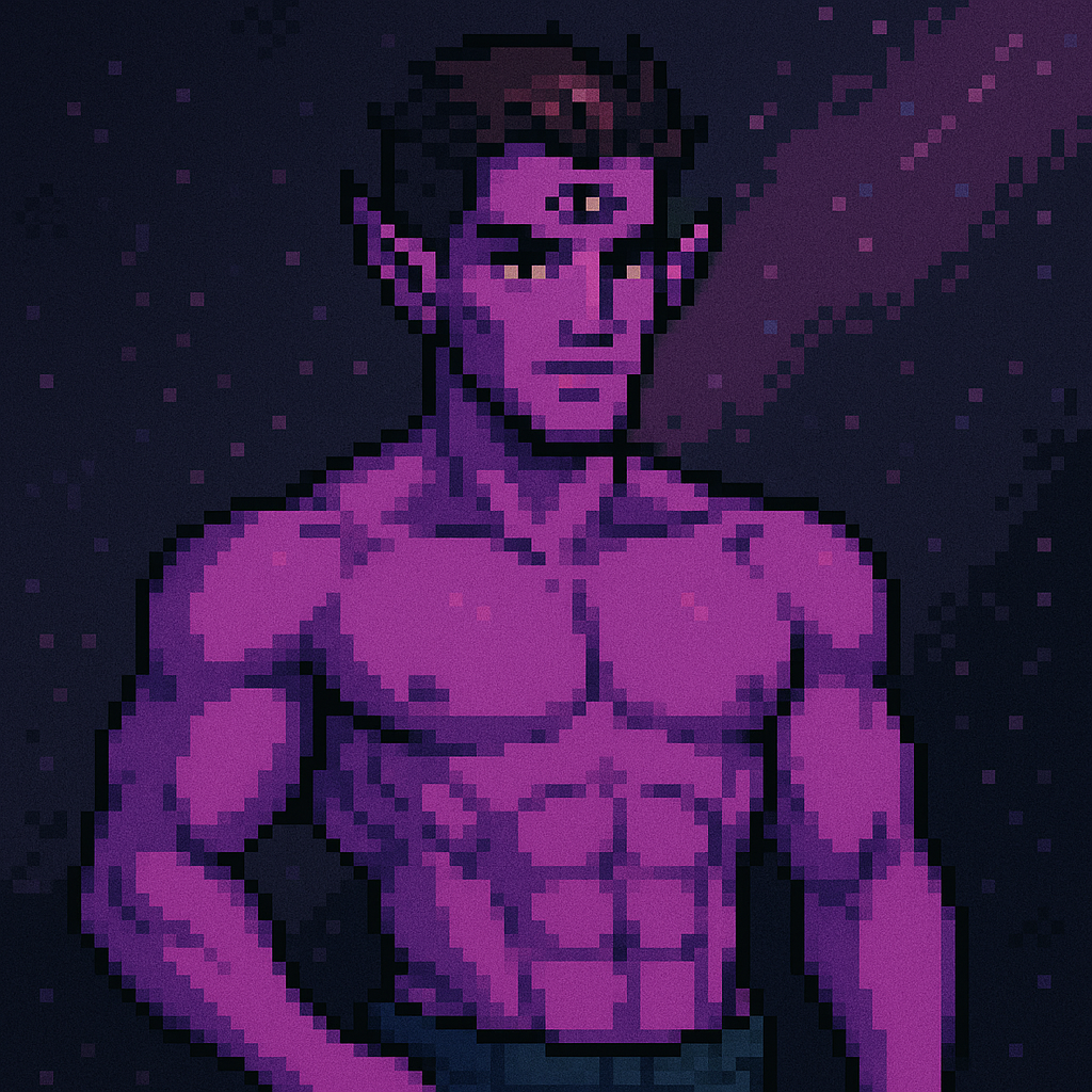 AI-generated pixel art image of R'Thax from The Suspended One, an alien hunk with a third eye on his forehead, purple skin, and rippling muscles with six-pack abs.