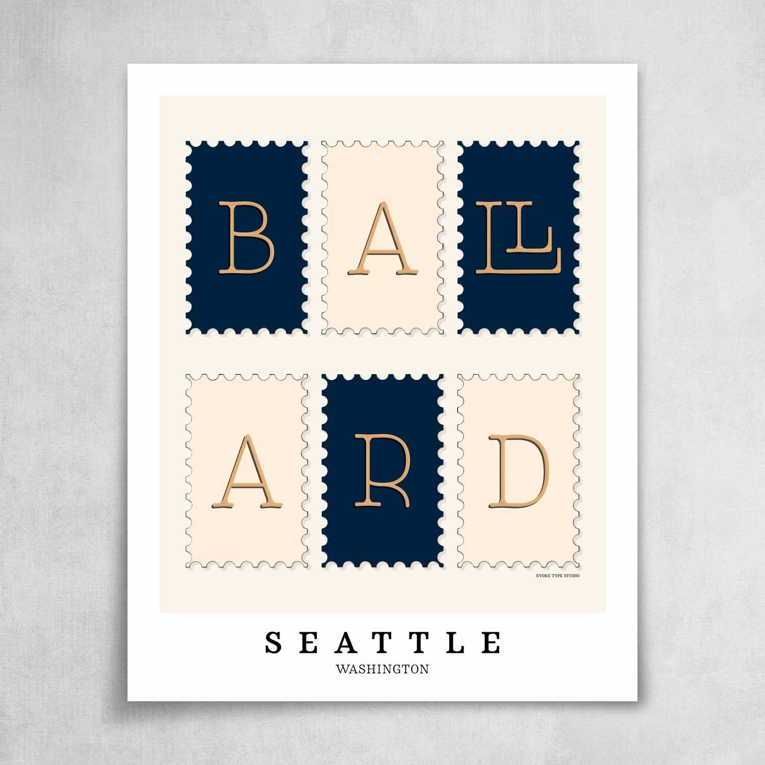 A collection of navy blue, tan and beige postage stamps featuring the Ballard neighborhood in Seattle, Washington