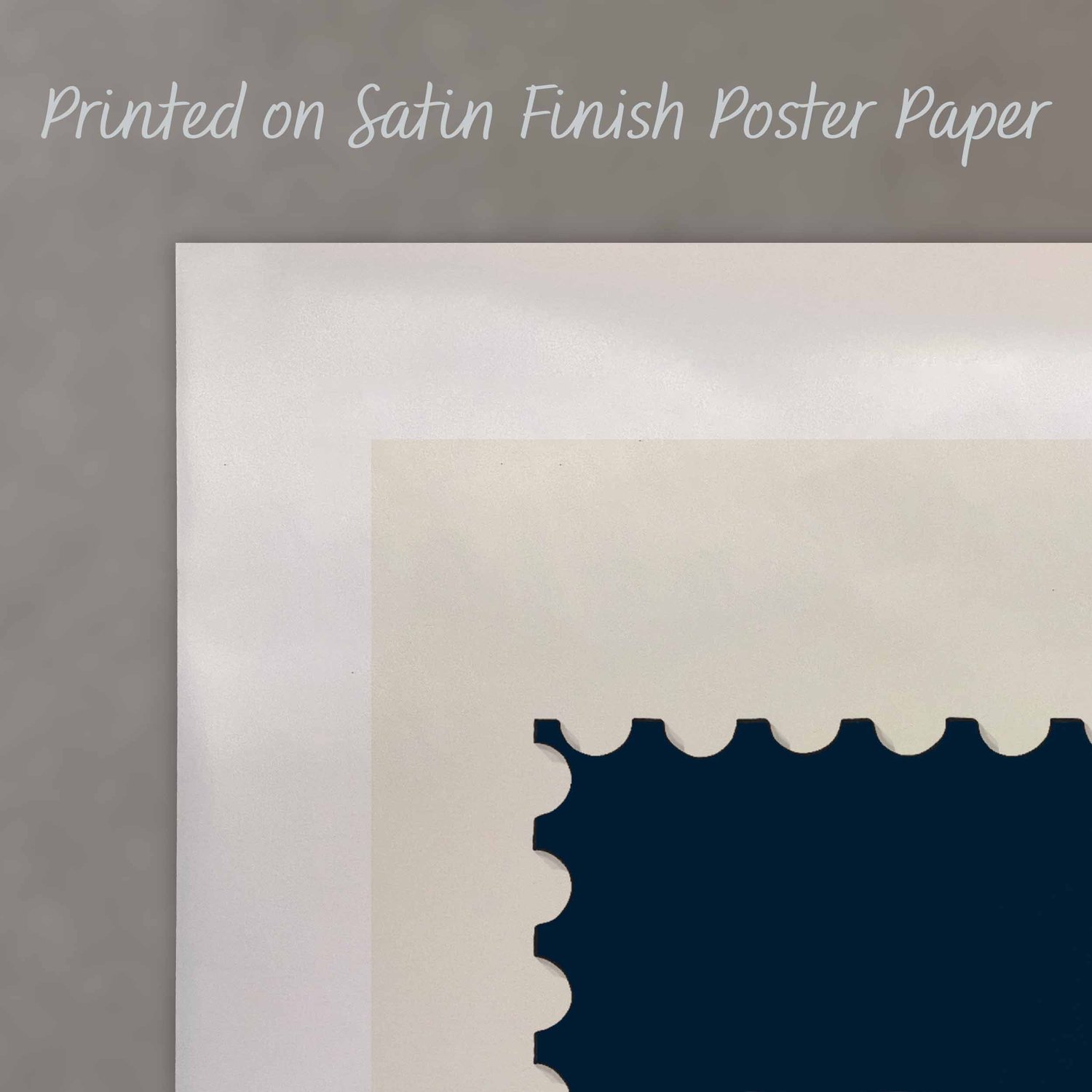 A close up of a poster with text saying “Printed on Satin Finish Poster Paper”