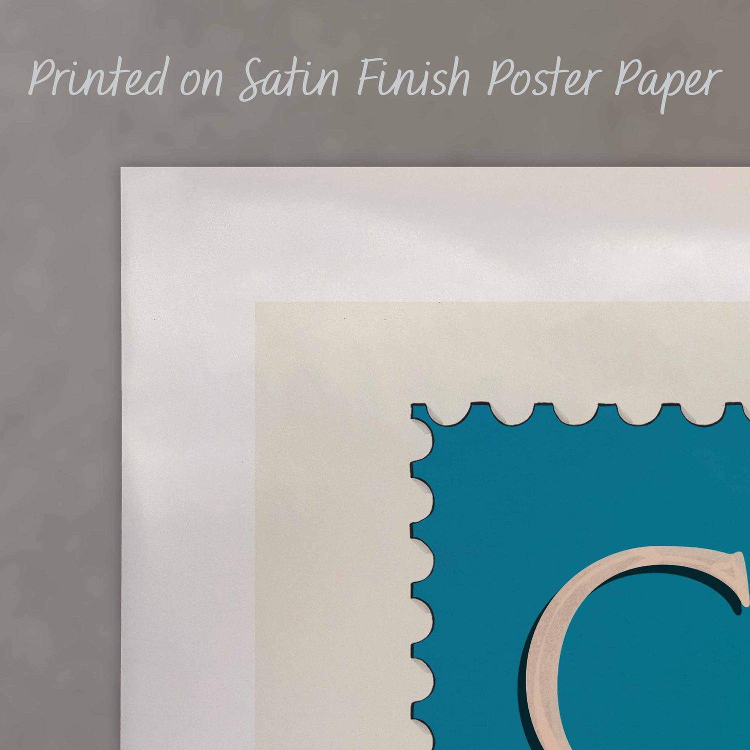 A close up of a poster with text saying “Printed on Satin Finish Poster Paper”