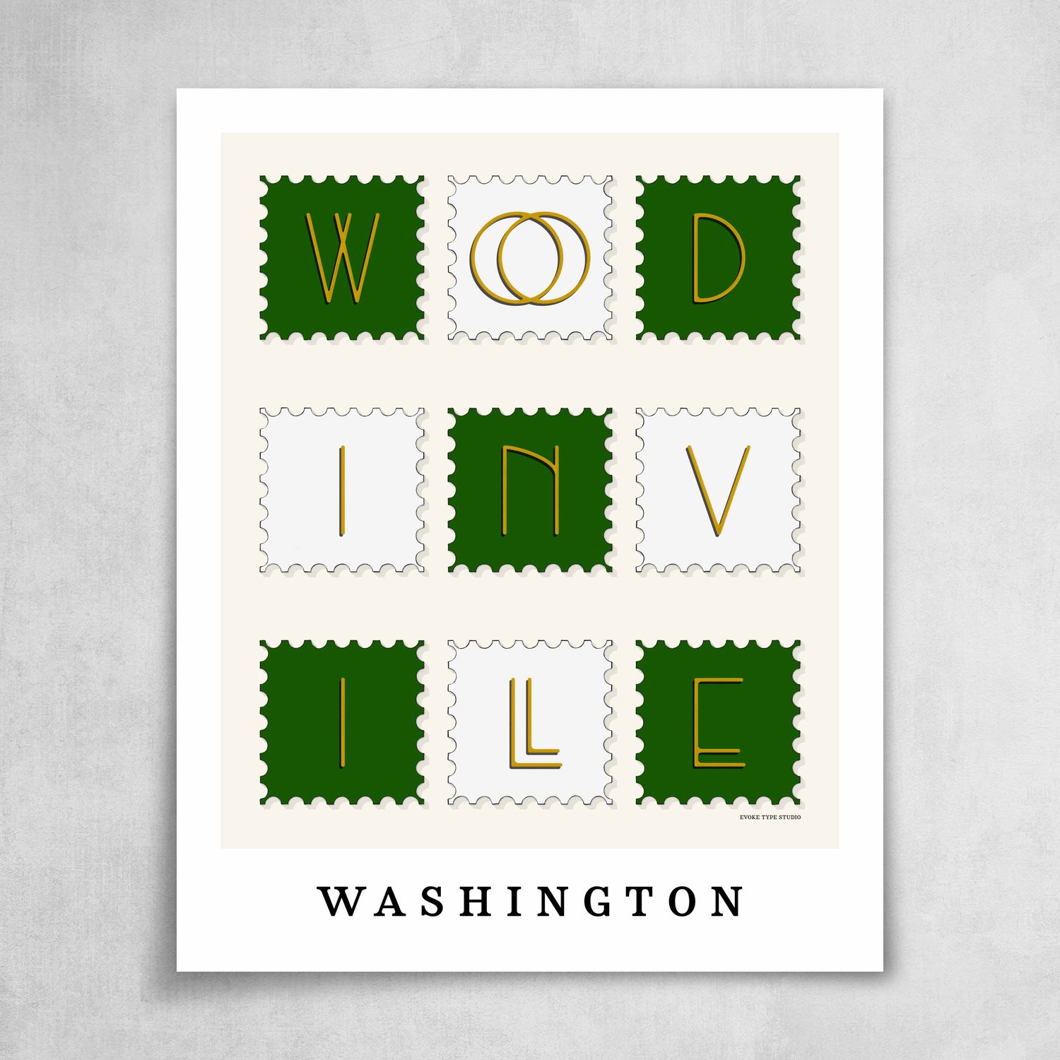 A collection of green, white and yellow postage stamps featuring Woodinville, Washington