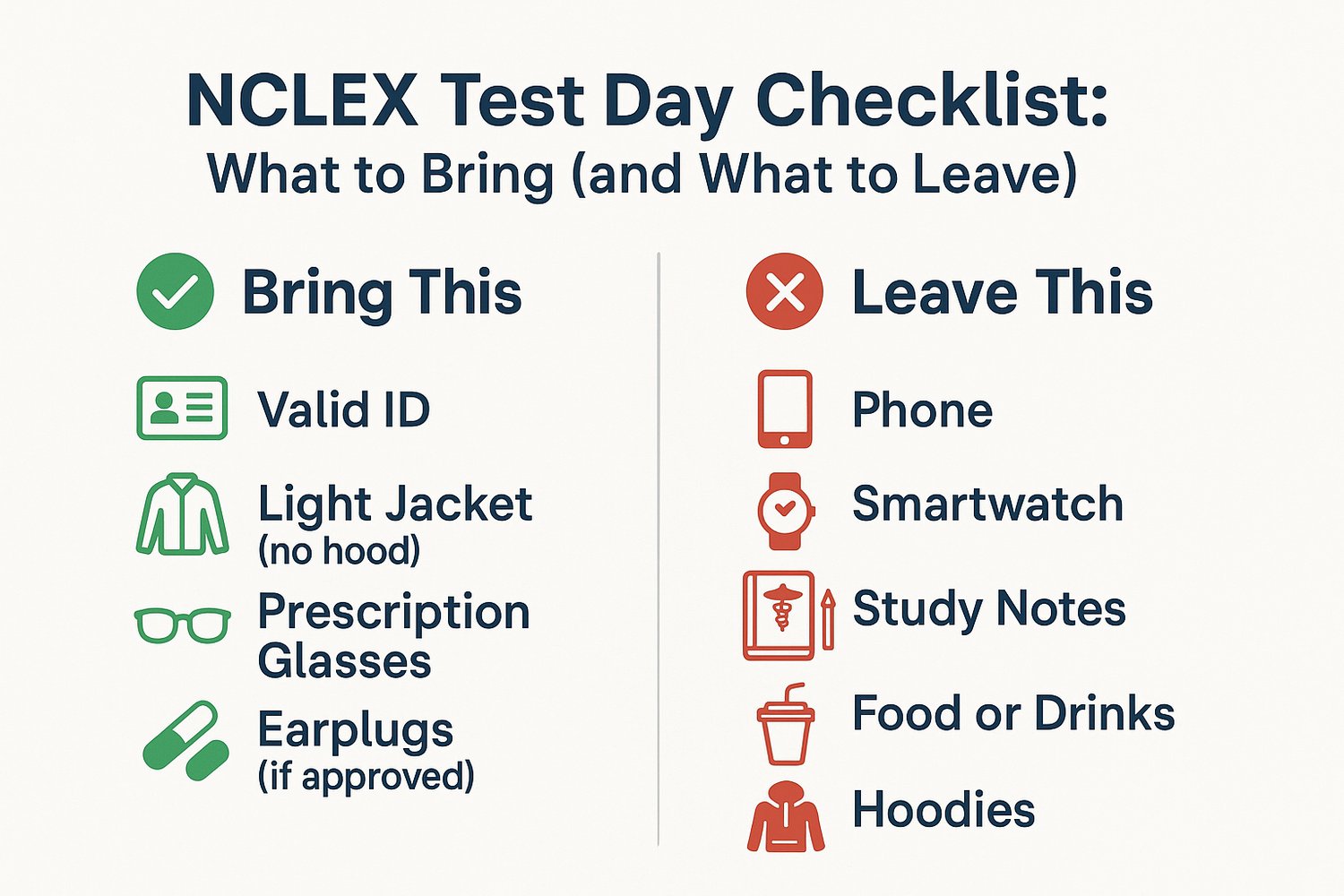 Infographic showing approved and prohibited items for NCLEX exam day, including ID and glasses vs. phones and study notes.