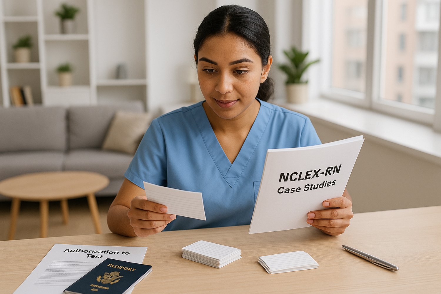 Internationally educated nurse reviewing NCLEX-RN case studies at a tidy desk with passport, ATT printout, and flashcards, preparing for exam day in a bright, modern apartment.