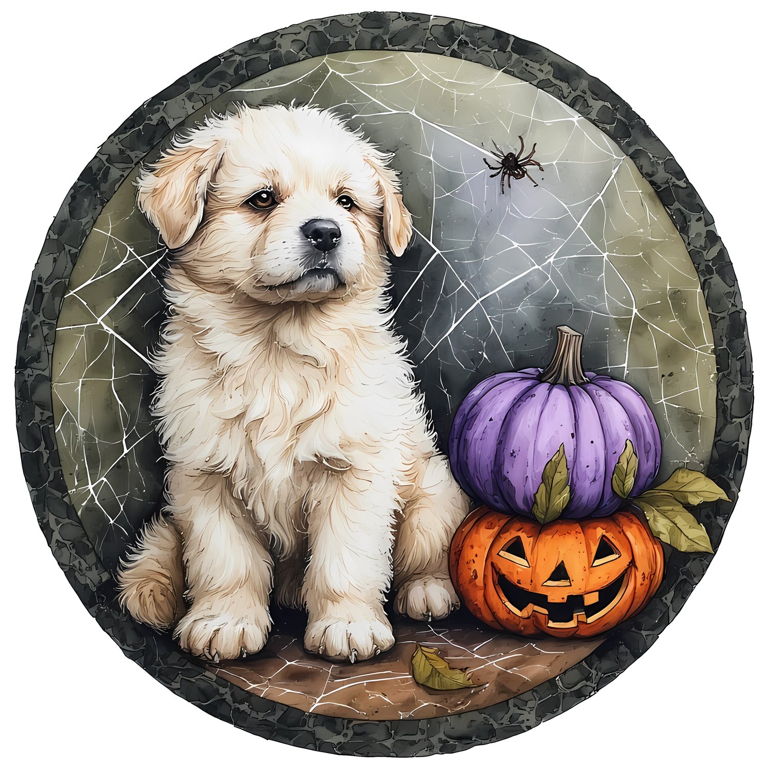 Great Pyrenees dog in a Halloween theme, with jack o lantern and pumpkin and spider webs